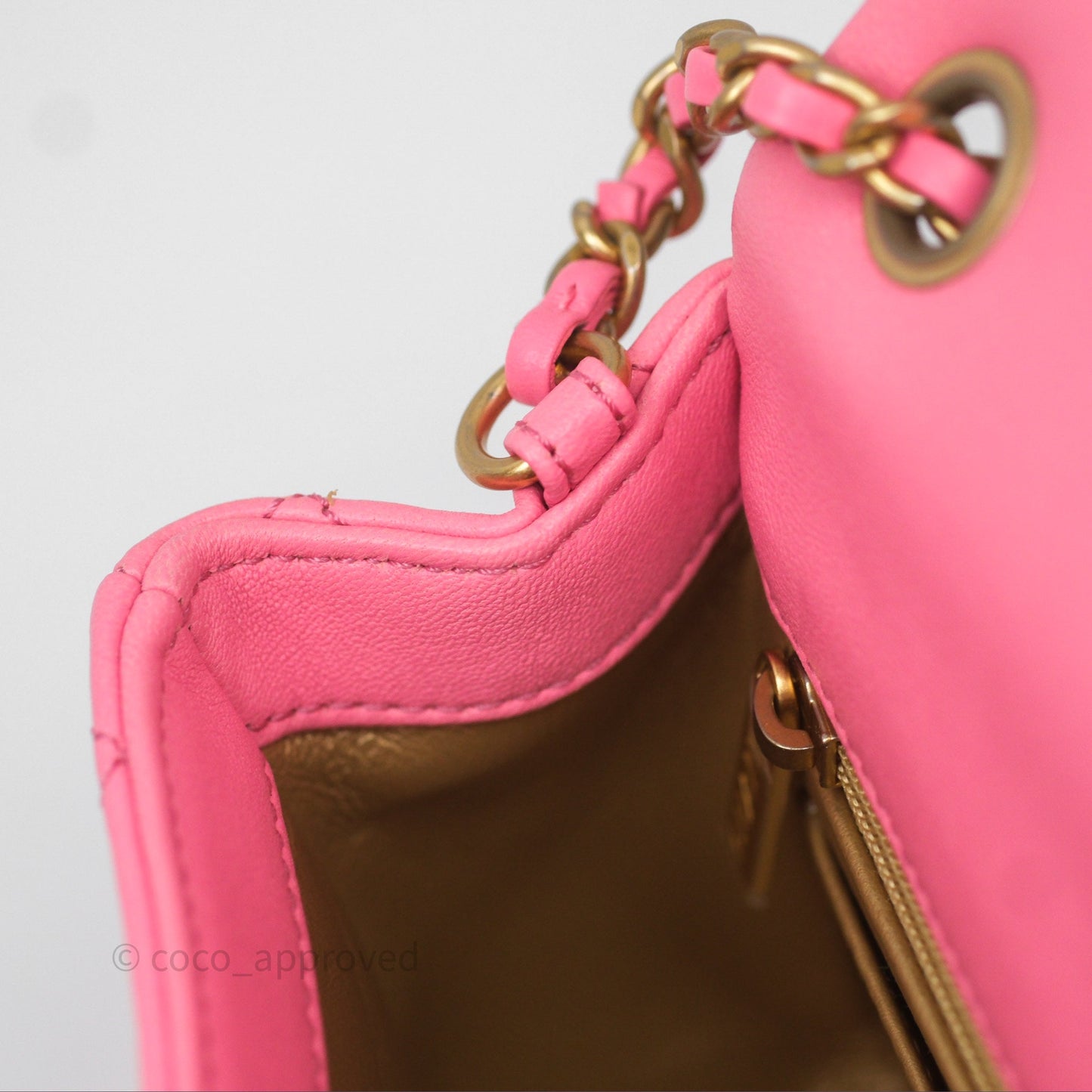 Chanel Mini Rectangular Pearl Crush Quilted Pink Lambskin Aged Gold Hardware