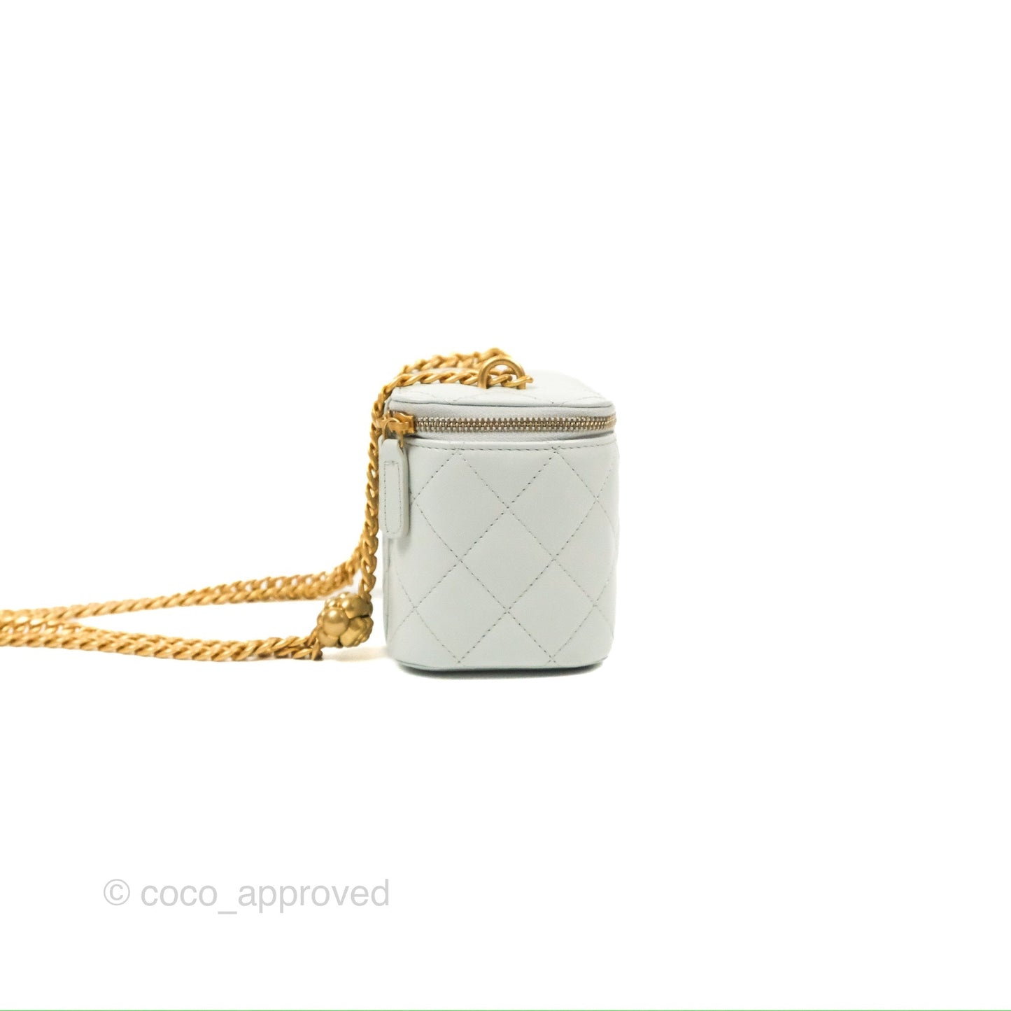 Chanel Quilted Vanity Rectangular with Camellia Adjustable Chain Light Blue Lambskin 23S