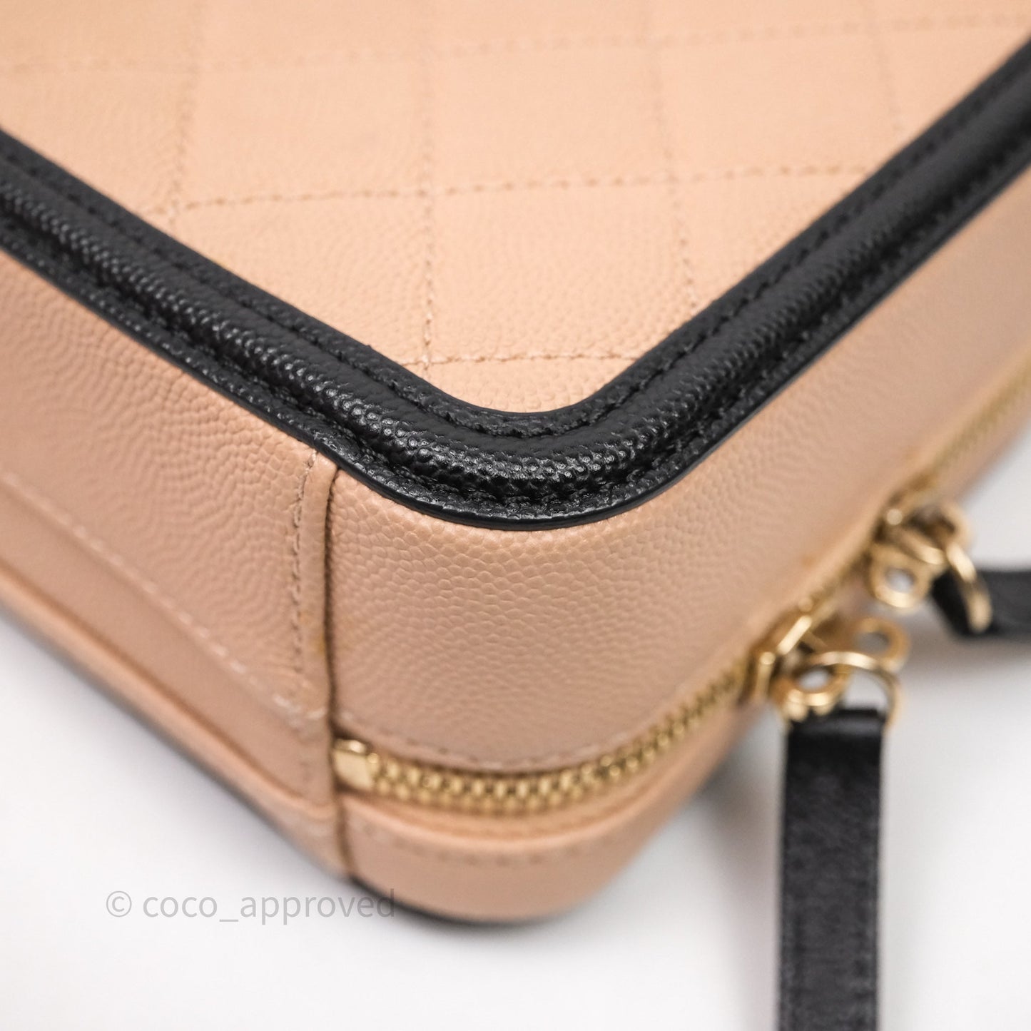 Chanel Quilted New Small CC Filigree Vanity Case Beige Caviar Gold Hardware