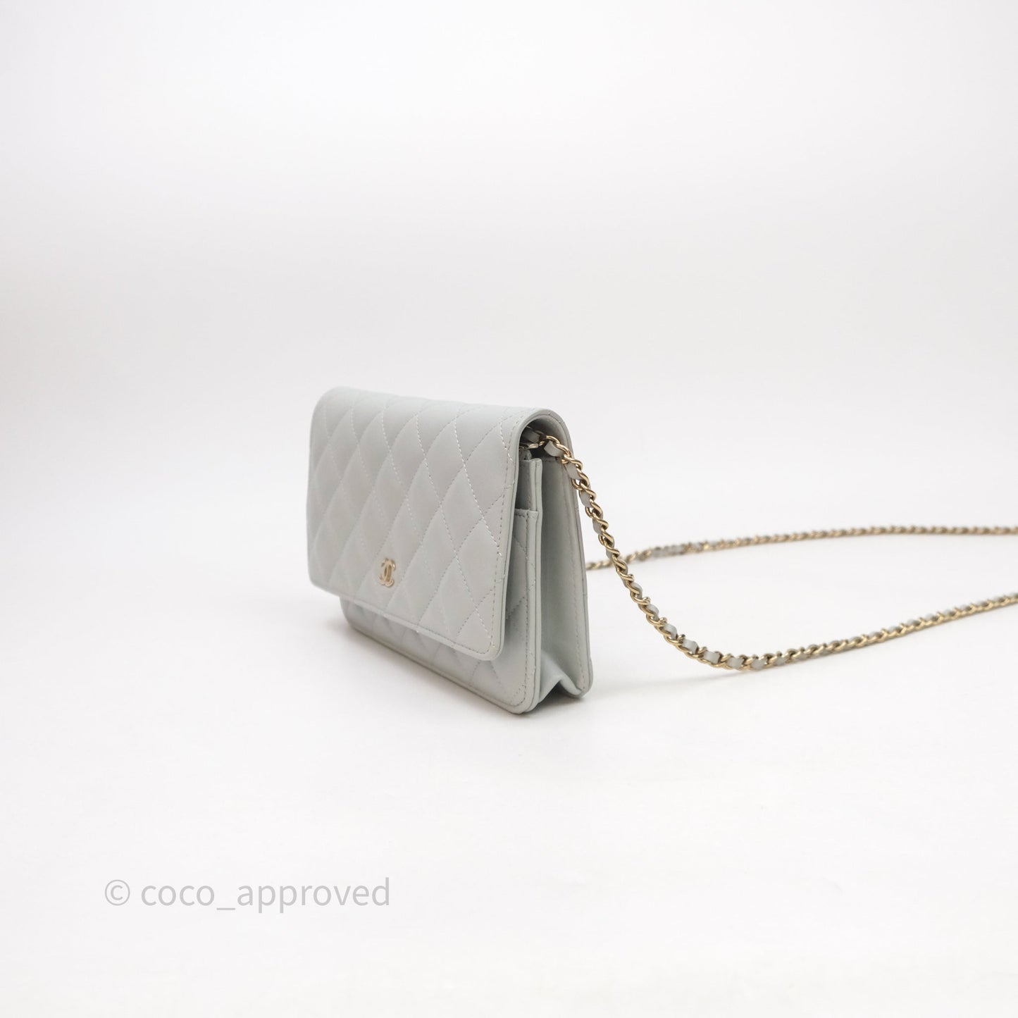Chanel Classic Quilted Wallet on Chain WOC Grey Lambskin Gold Hardware