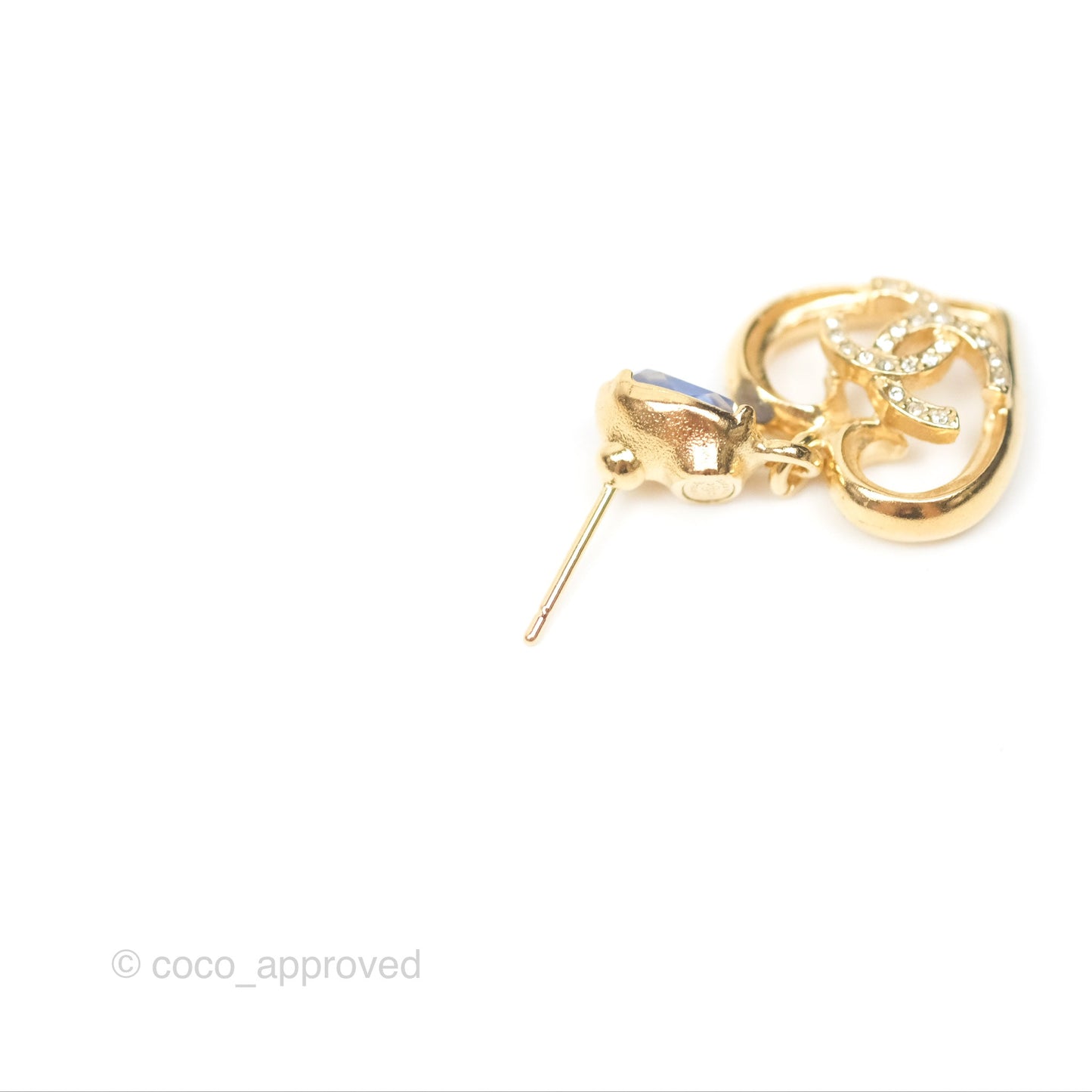 Chanel Oval Blue Resin Heart CC Drop Earrings Gold Tone 23C