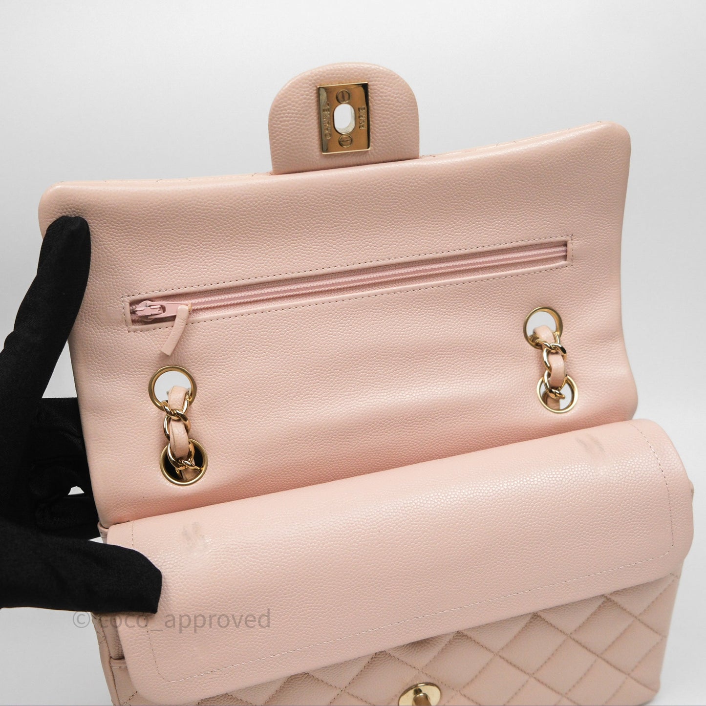 Chanel Small Classic Flap Quilted Rose Clair Caviar Gold Hardware