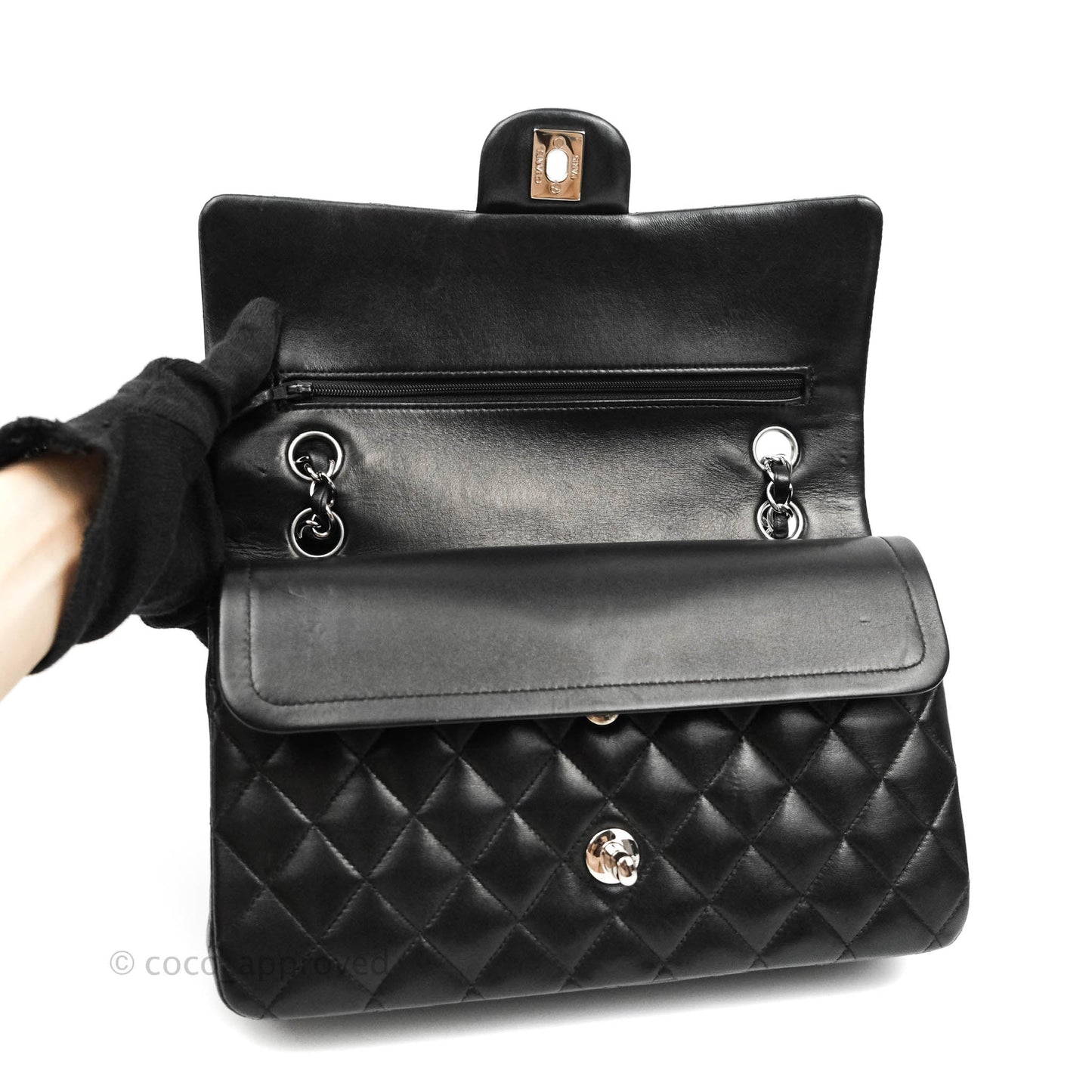 Chanel Classic M/L Medium Double Flap Black Lambskin Silver Hardware