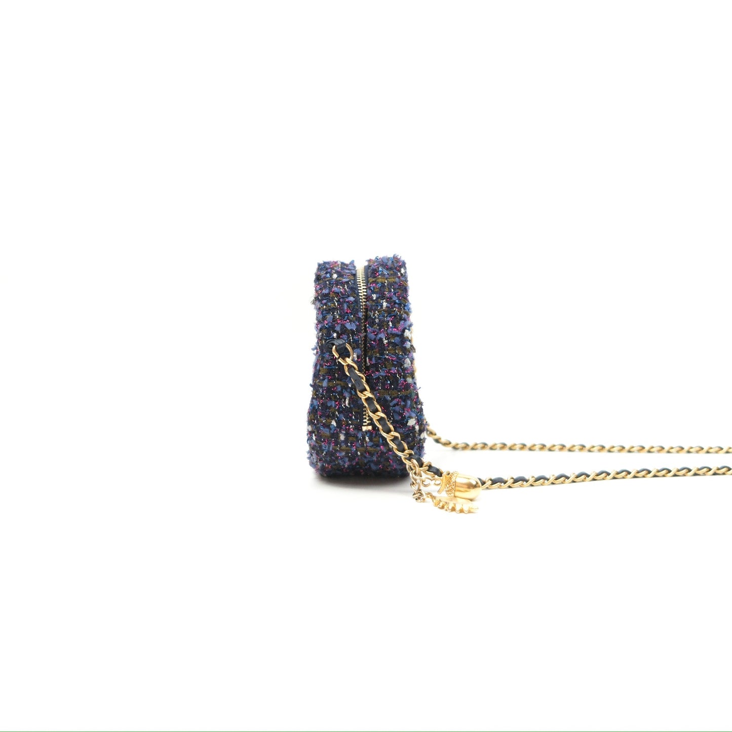 Chanel Classic Quilted Round Clutch With Chain Navy Tweed Gold Hardware
