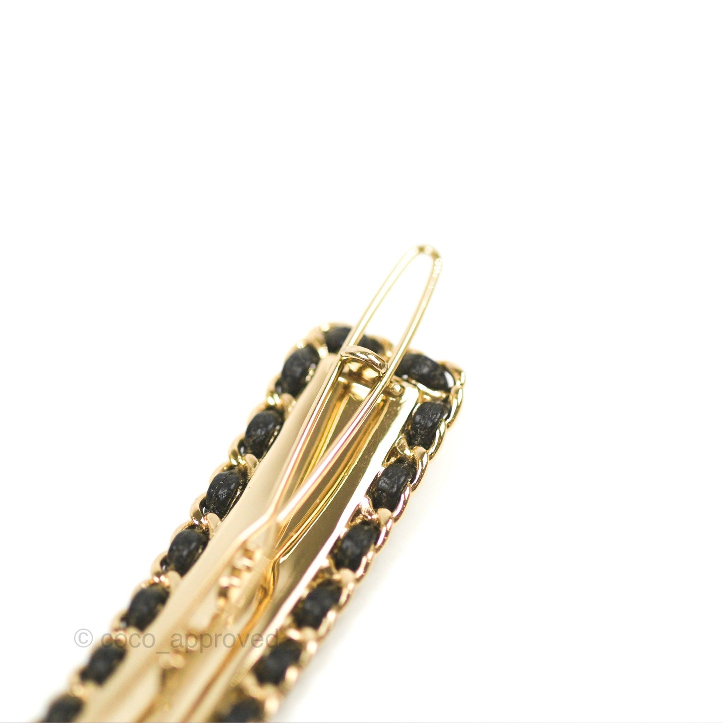 Chanel CC Black Leather Hair Clip Gold Tone 21S