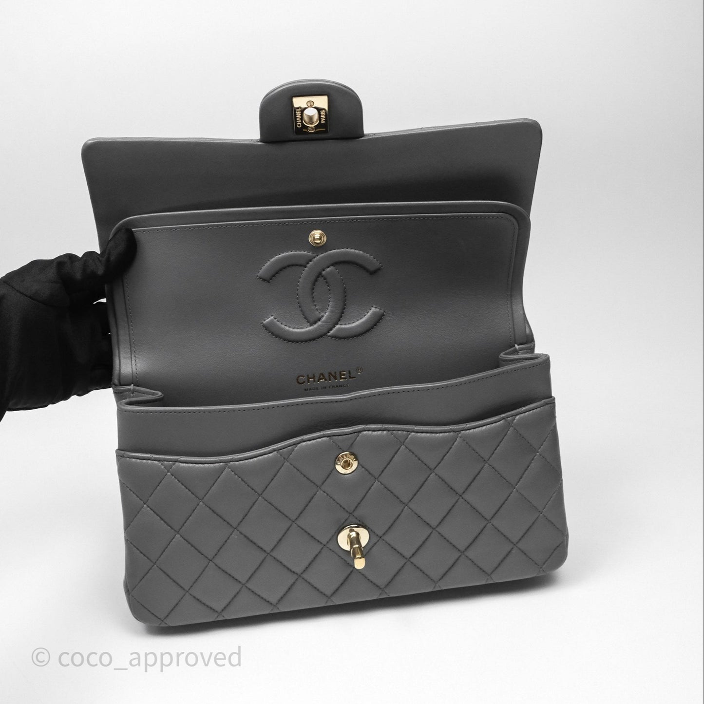 Chanel Classic M/L Medium Flap Quilted Grey Lambskin Gold Hardware