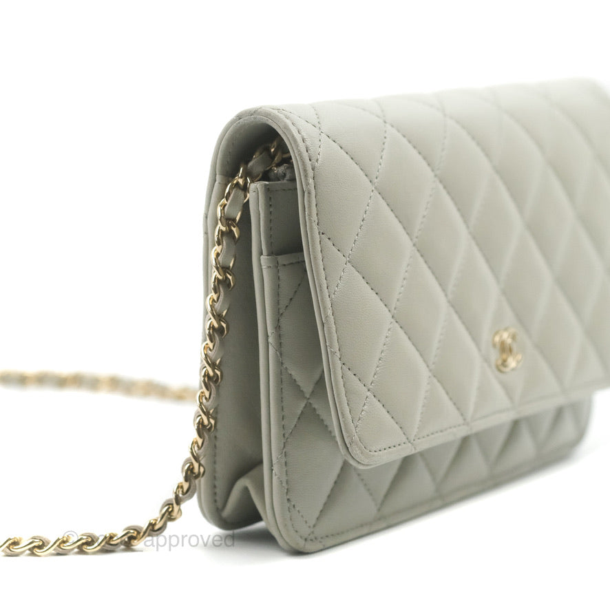 Chanel Quilted Classic Wallet on Chain WOC Light Grey Lambskin Gold Hardware