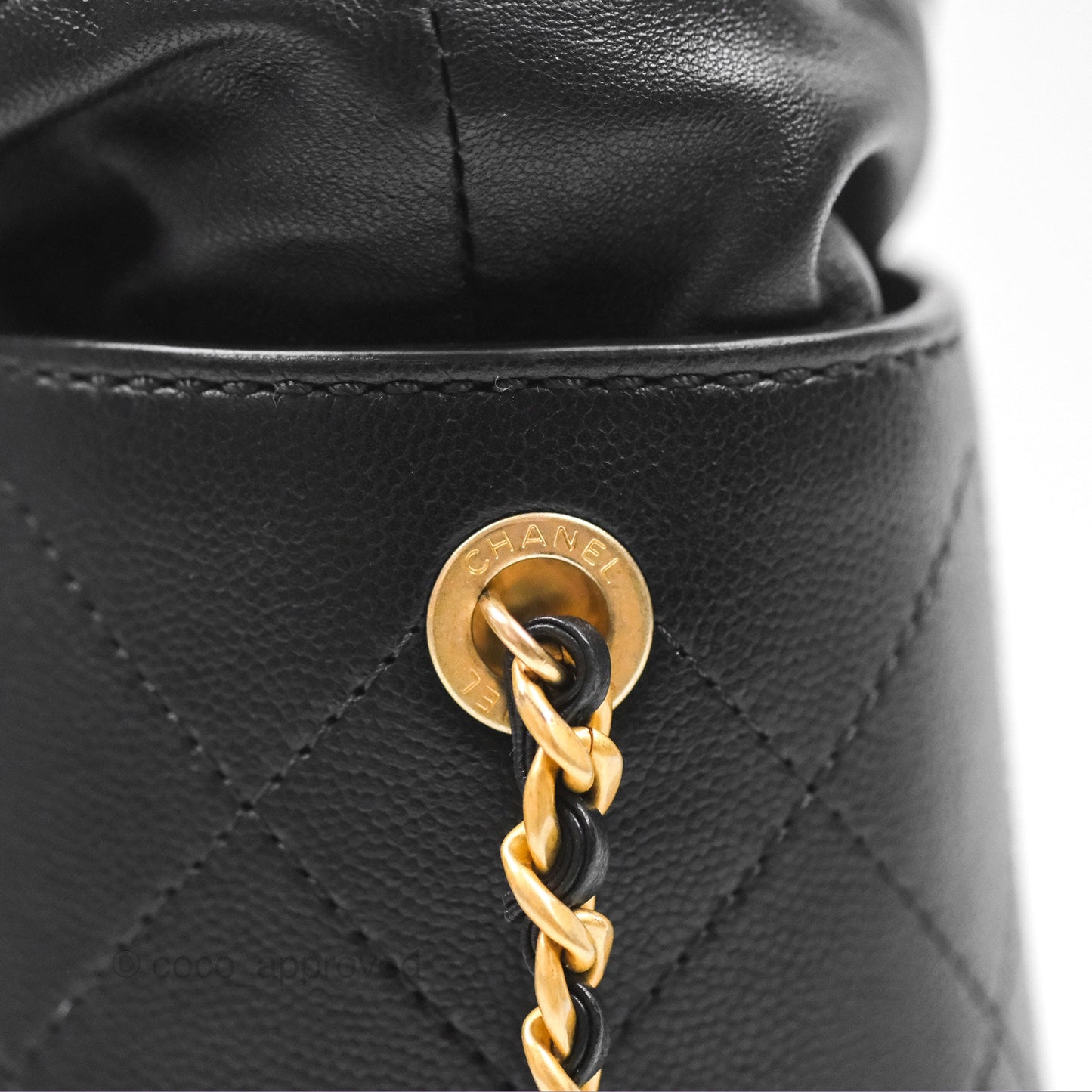 Chanel Drawstring Bucket Bag Quilted Black Caviar Aged Gold Hardware