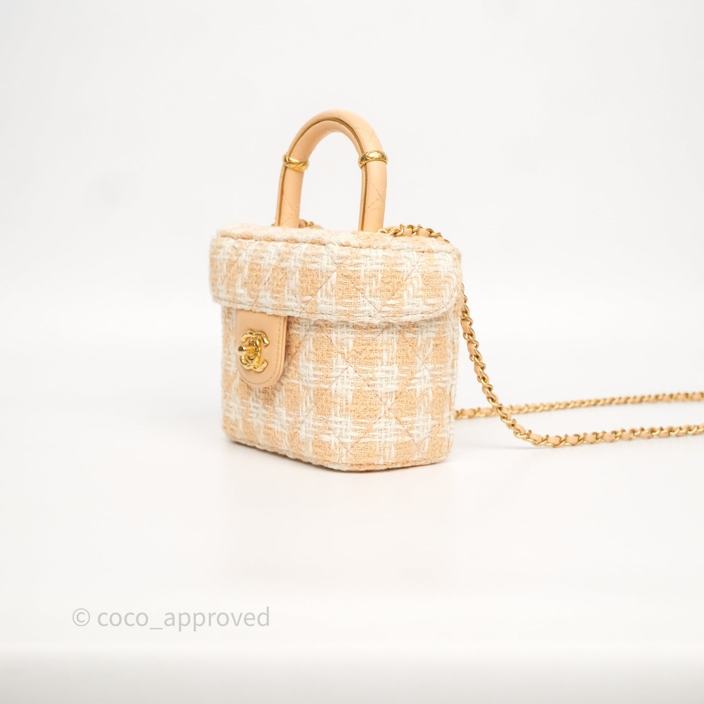 Chanel Vanity Case with Top Handle Orange Apricot Tweed Aged Gold Hardware