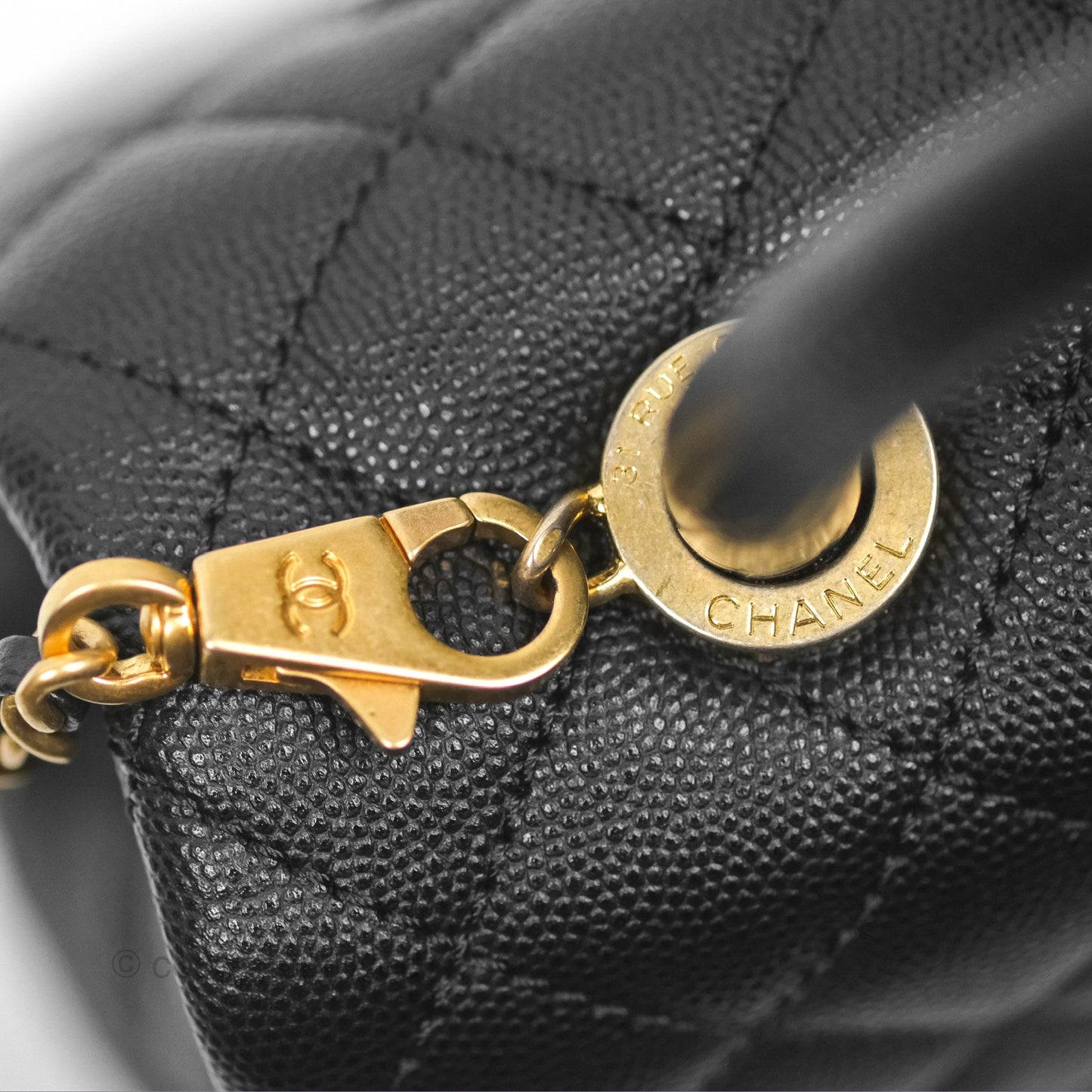 Chanel Small Coco Handle Quilted Black Caviar Aged Gold Hardware Lizard Handle