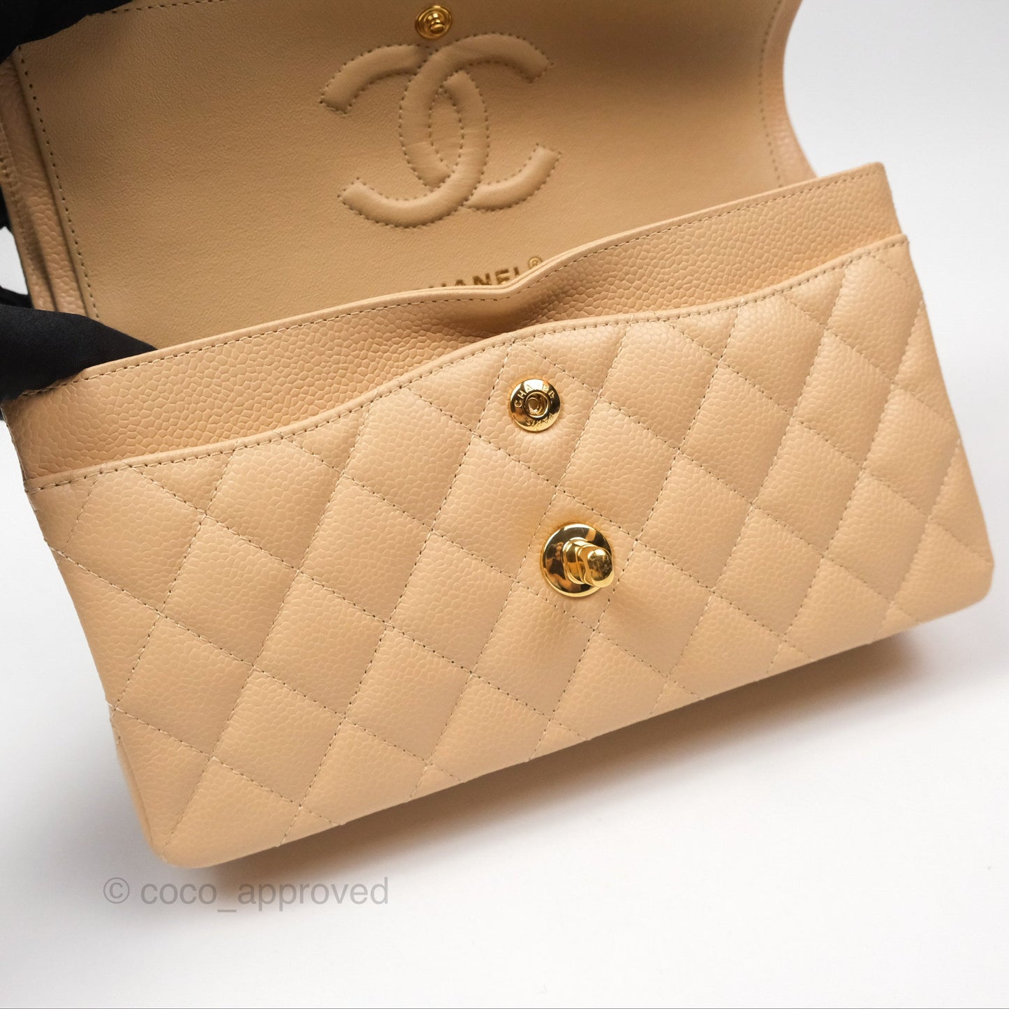 Chanel Classic Small S/M Quilted Flap Beige Caviar Gold Hardware
