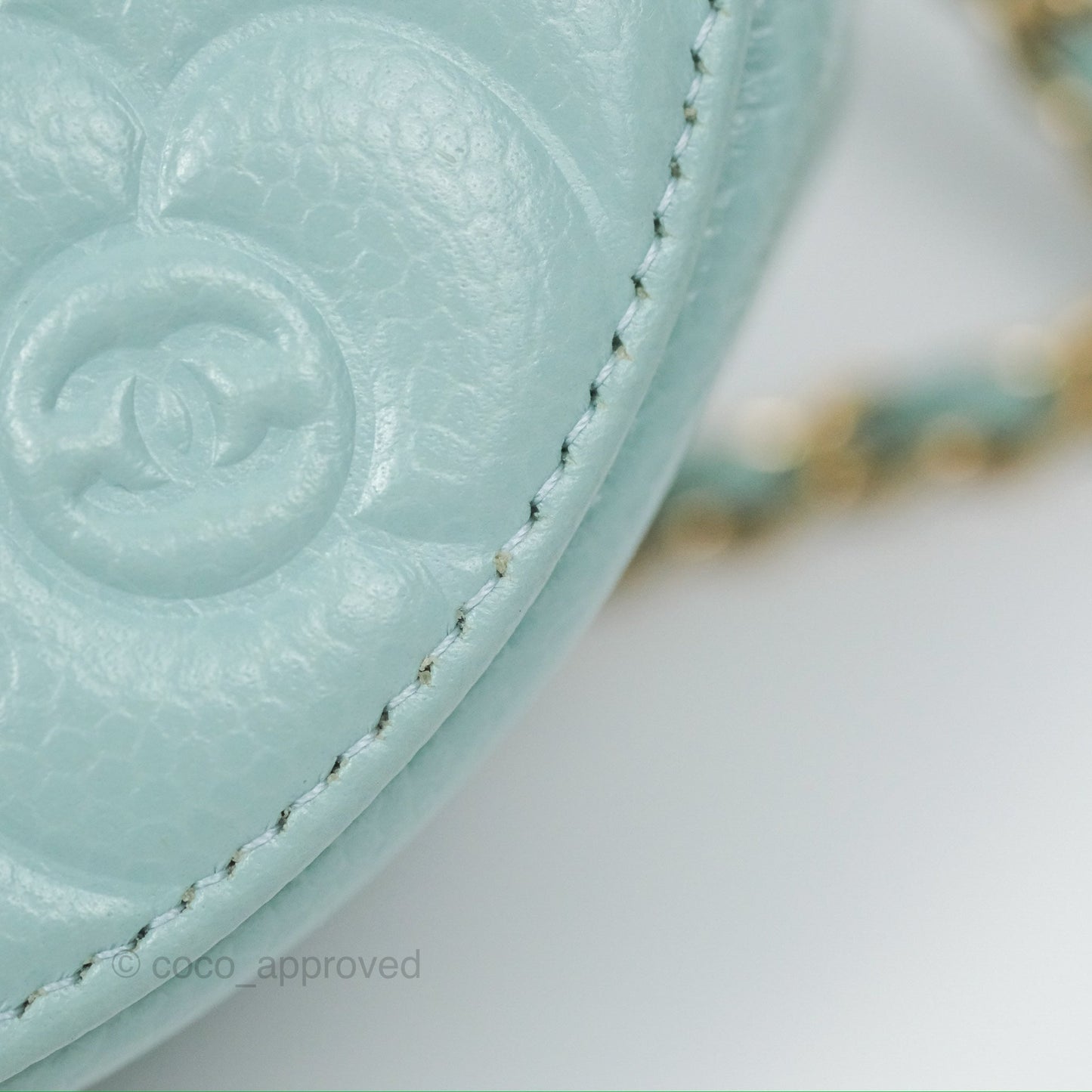 Chanel Camellia Embossed Round Clutch With Chain Light Tiffany Blue Caviar