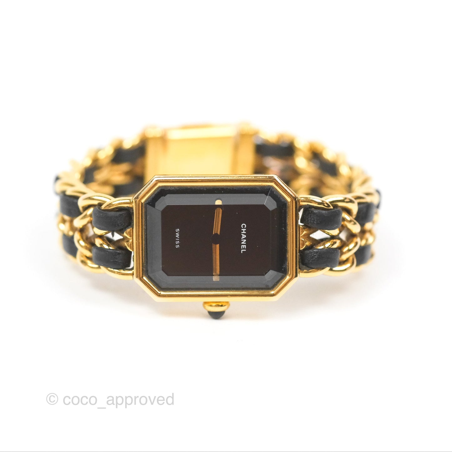 Chanel Vintage Première Watch Black Leather Gold Plated S Size