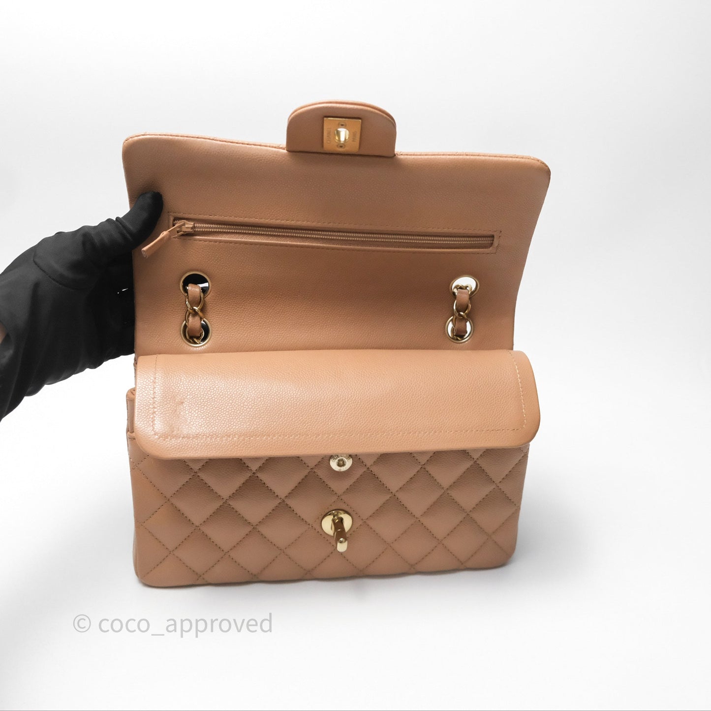 Chanel Small Classic Quilted Flap Dark Beige Caviar Gold Hardware