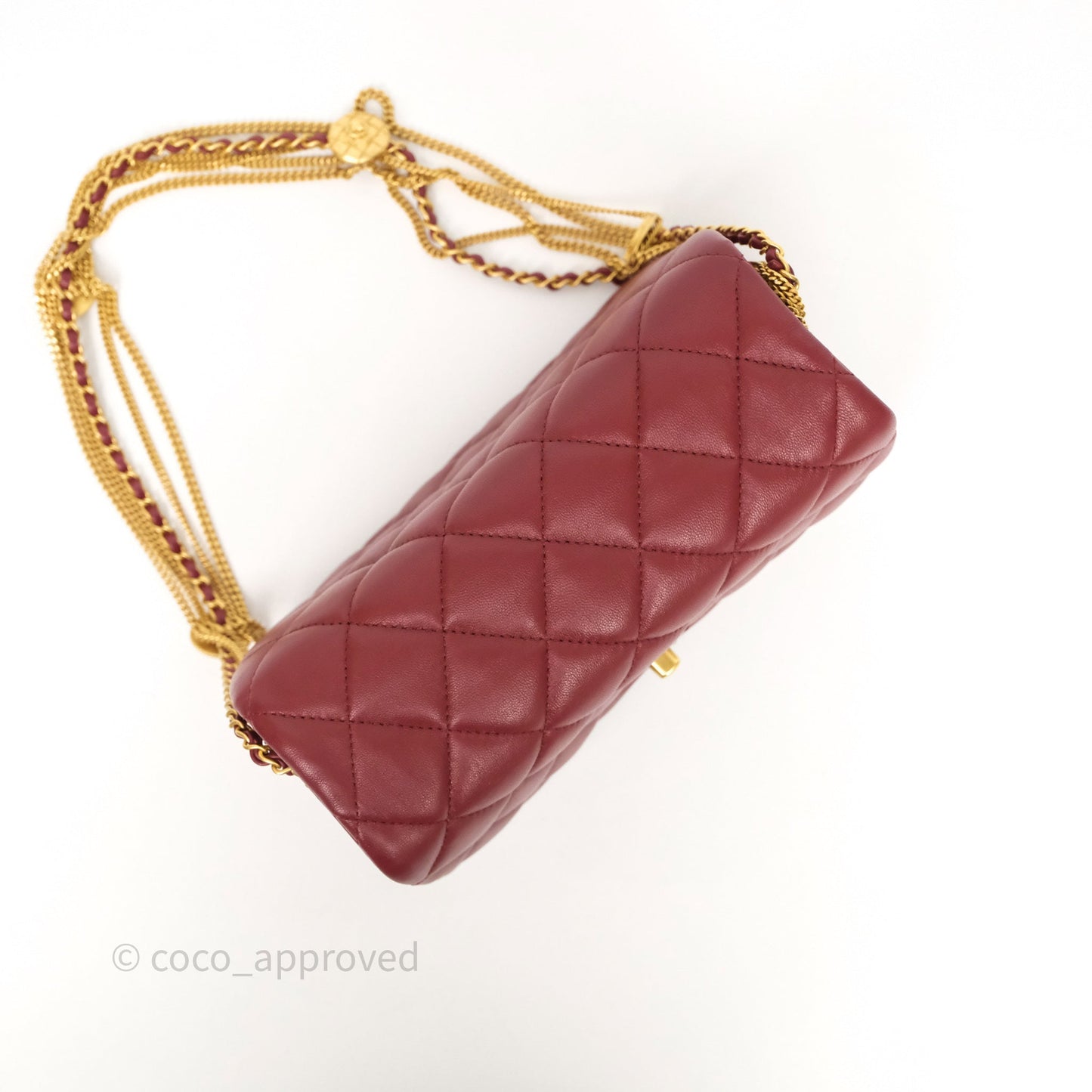 Chanel Quilted Accordion Flap Bag with Button on Chain Burgundy Lambskin Aged Gold Hardware 22A