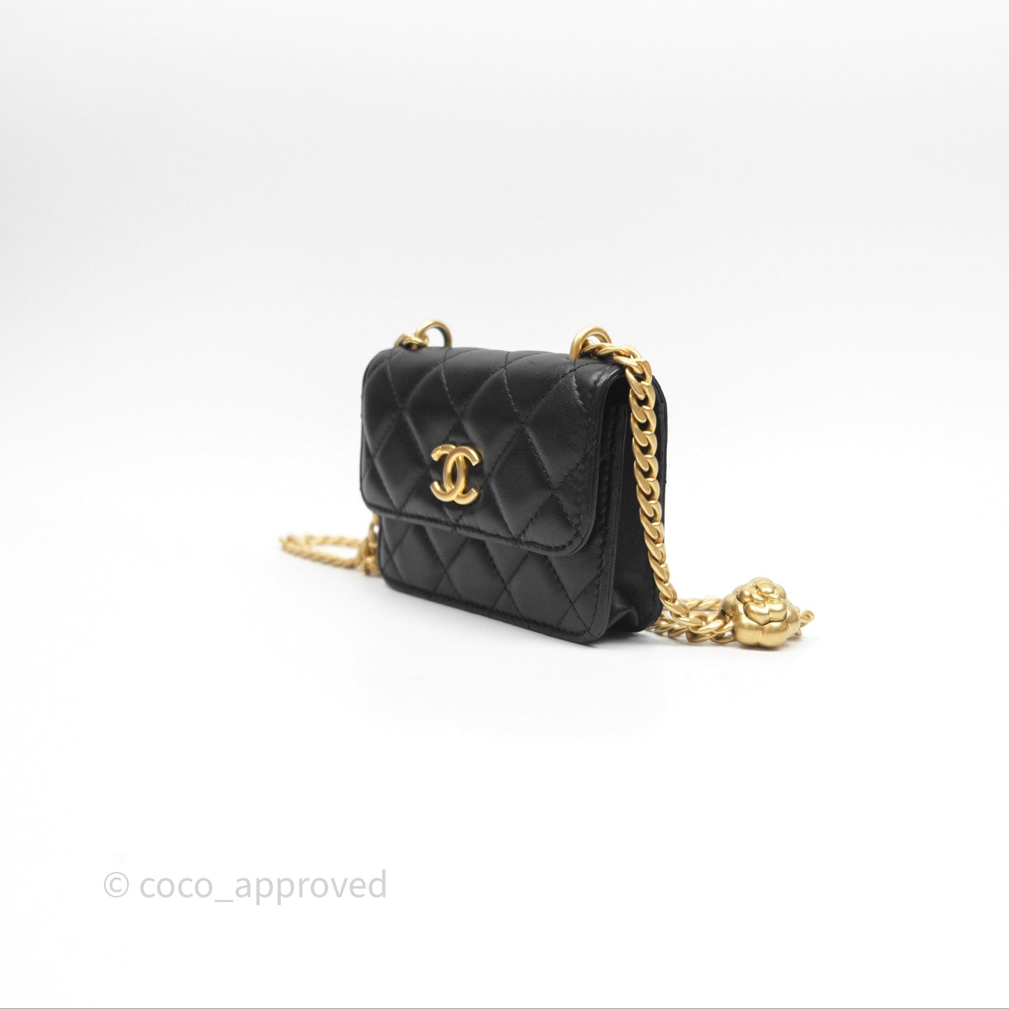 Chanel Mini Clutch With Chain Camellia Adjustable Black Lambskin Aged Gold Hardware