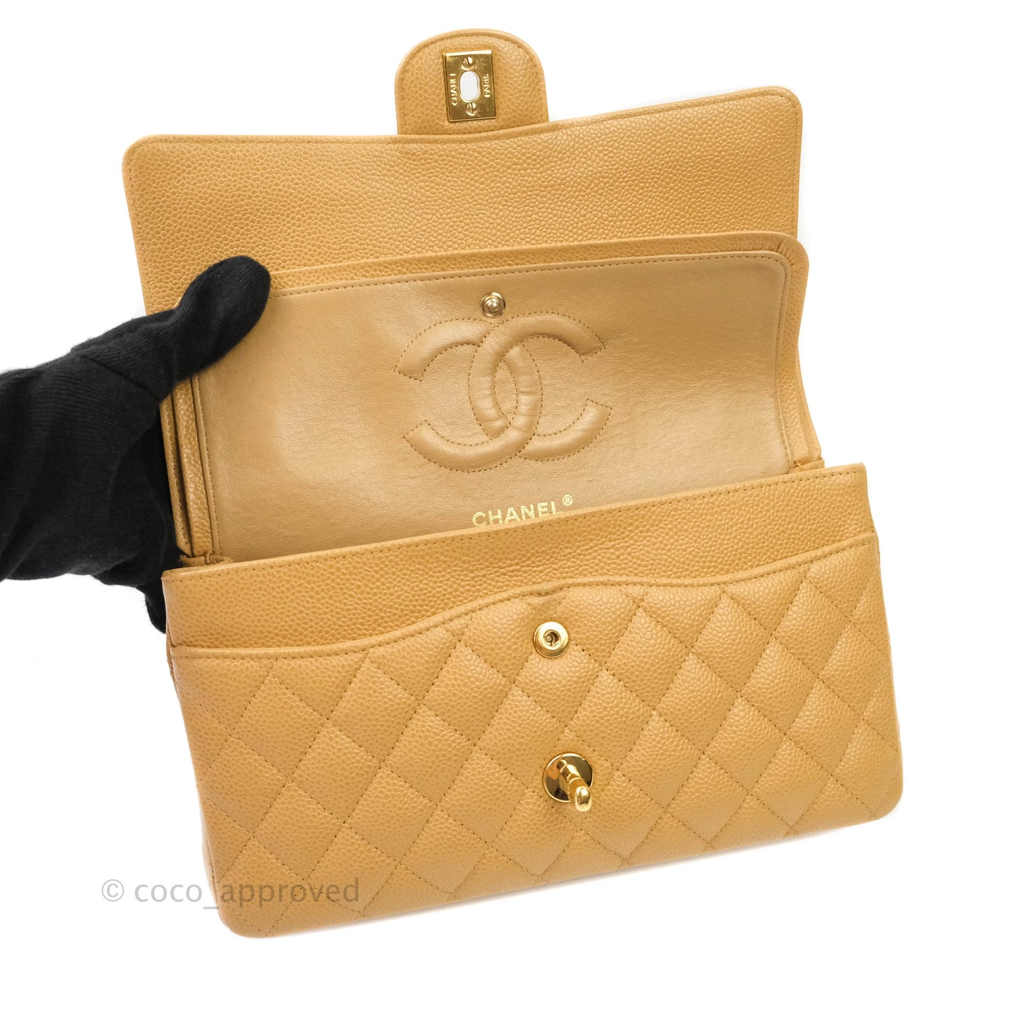 Chanel Classic M/L Medium Double Flap Dark Beige Caviar 24K Gold Hardware