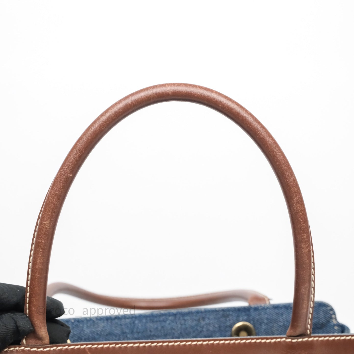 Chanel Vintage CC Tote Bag Denim Brown Leather