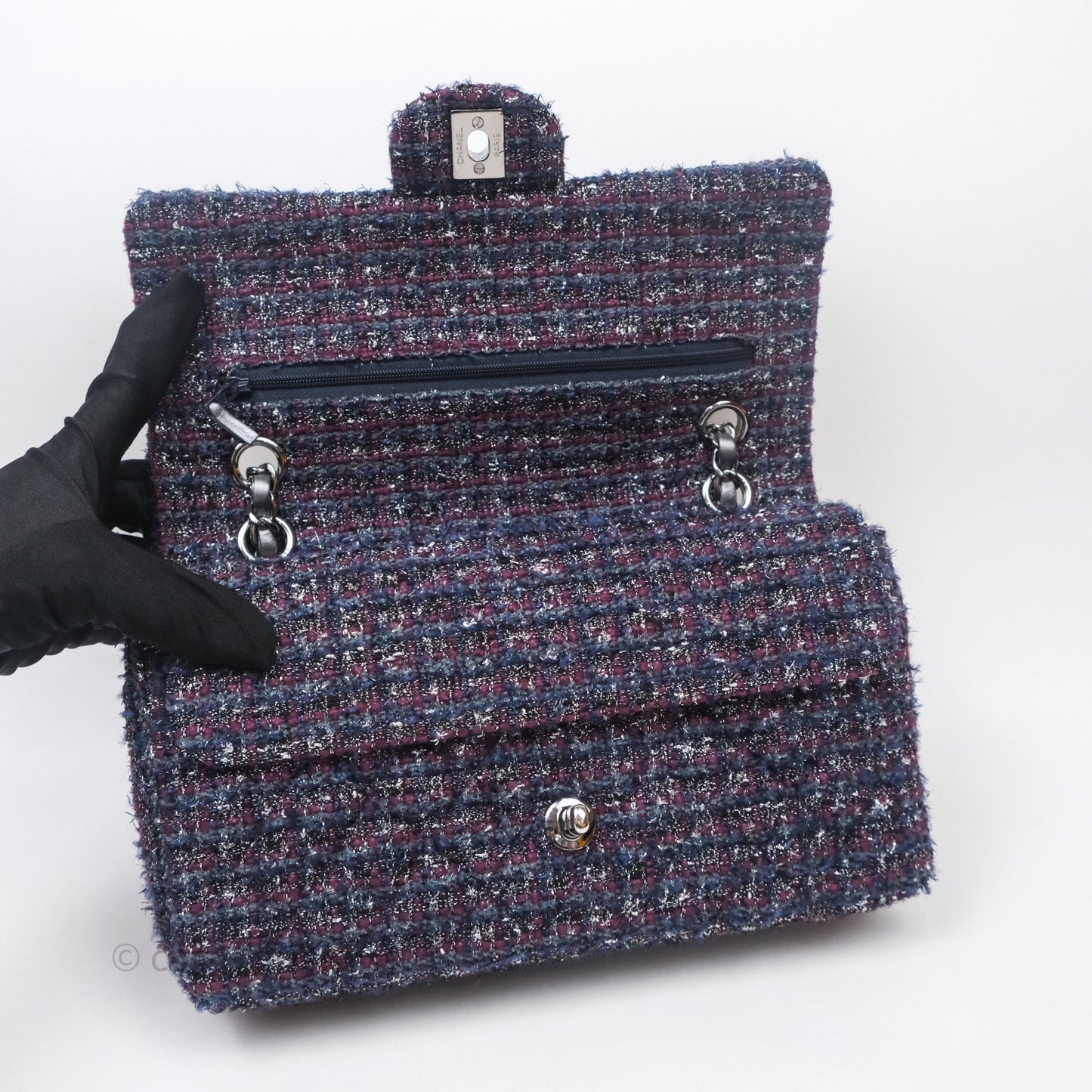 Chanel Classic M/L Medium Double Flap Purple Tweed Glitter Gun Metal