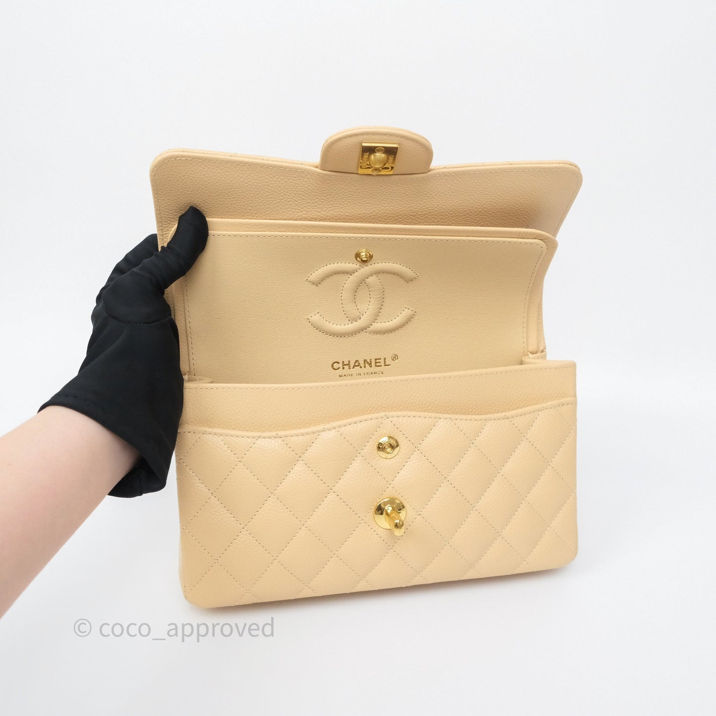 Chanel Small Classic Flap Quilted Beige Caviar Gold Hardware