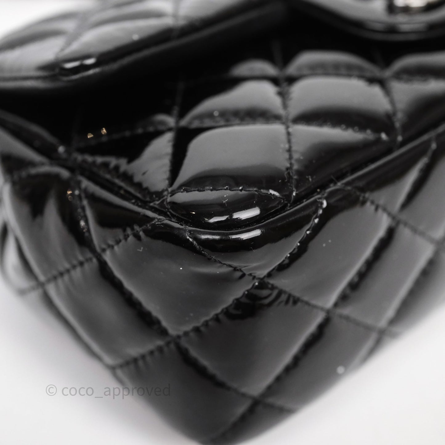 Chanel Quilted Mini Rectangular Flap Black Patent Silver Hardware