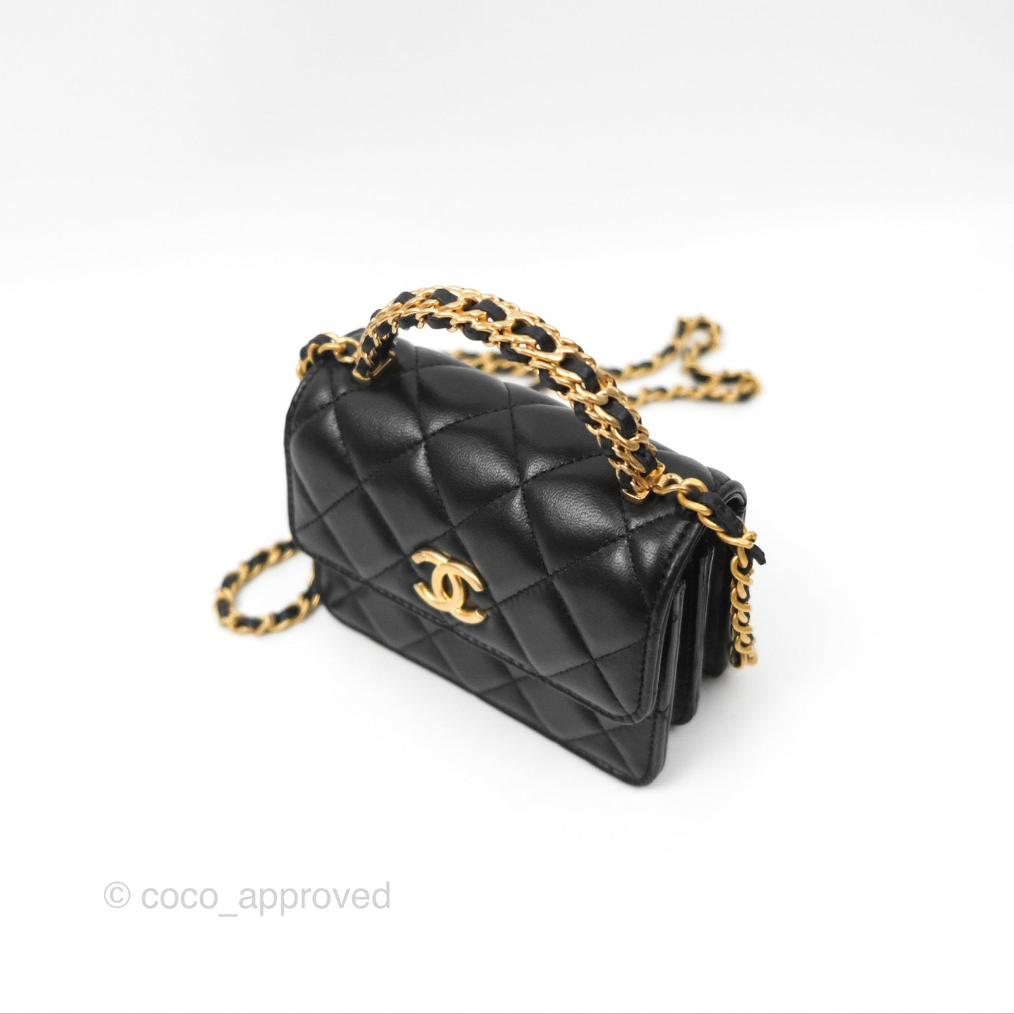Chanel Top Handle Clutch With Chain Black Lambskin Aged Gold Hardware