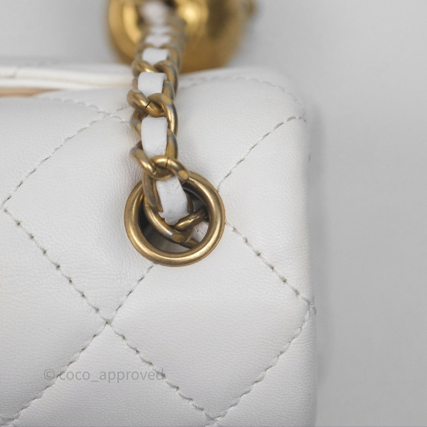 Chanel Mini Rectangular Pearl Crush Quilted White Lambskin Aged Gold Hardware