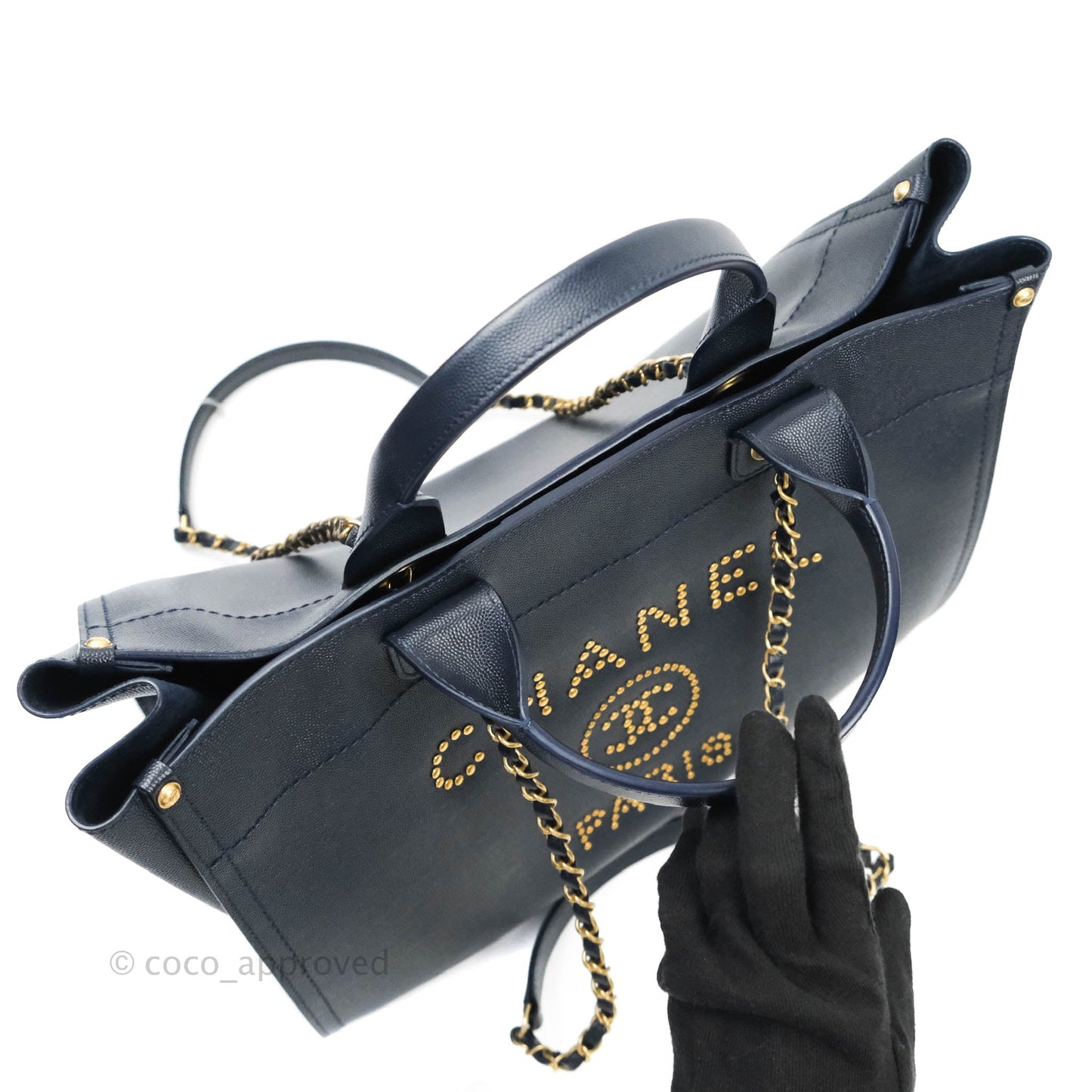 Chanel Medium Studded Navy Caviar Deauville Shopping Bag Aged Gold Hardware