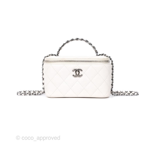 Chanel Crystals Top Handle Vanity Rectangular White Lambskin Gun Metal