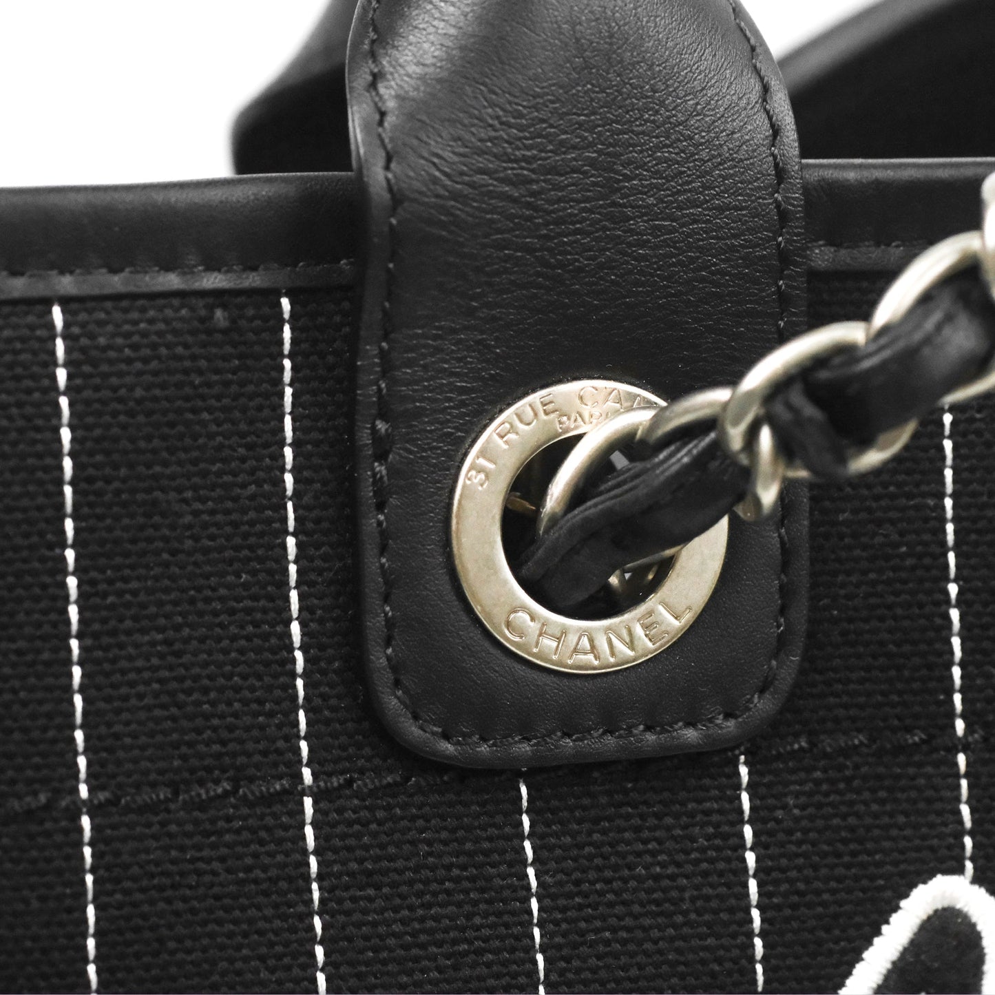 Chanel Large Deauville Black White Striped Canvas Aged Silver Hardware 23S