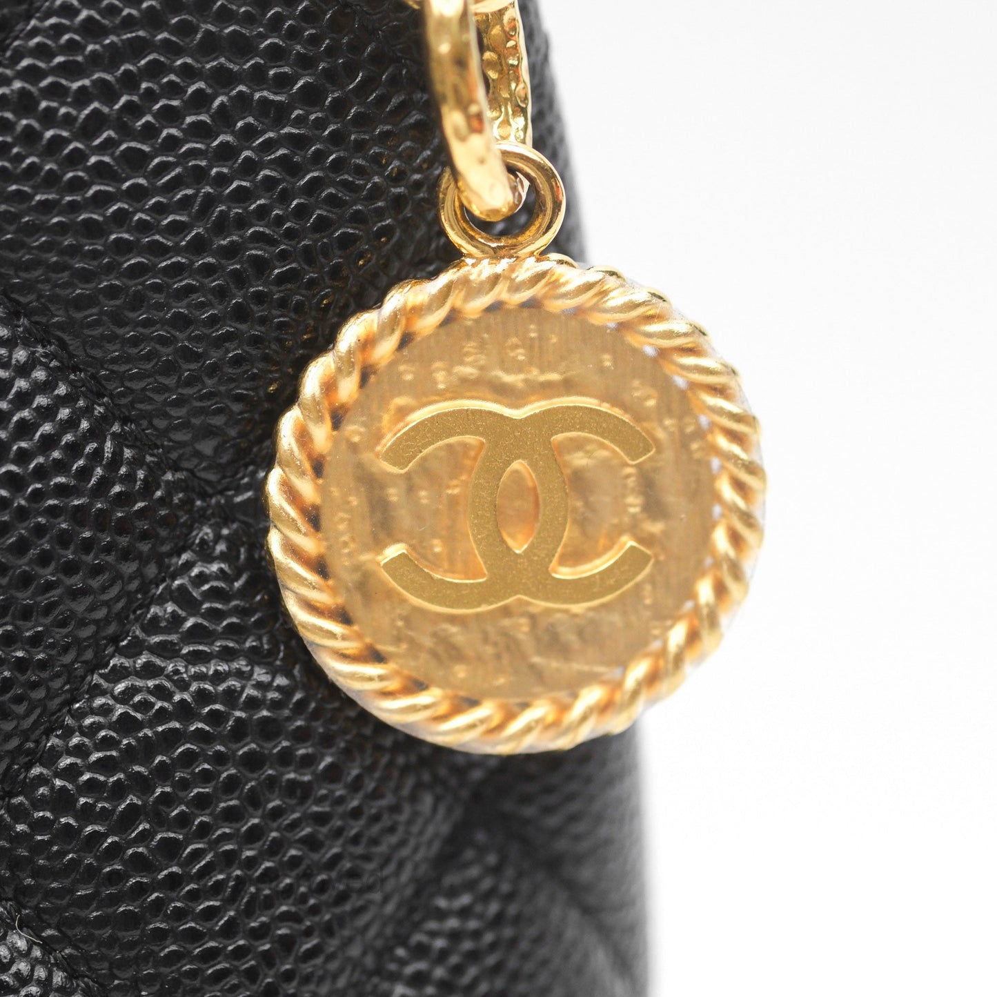 Chanel Vintage Medallion CC Black Caviar Tote Bag Gold Hardware