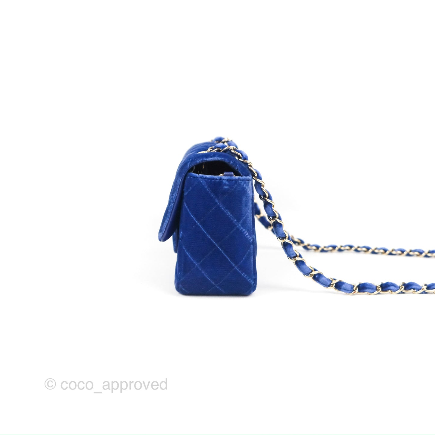 Chanel Quilted Mini Rectangular Flap Blue Velvet Gold Hardware