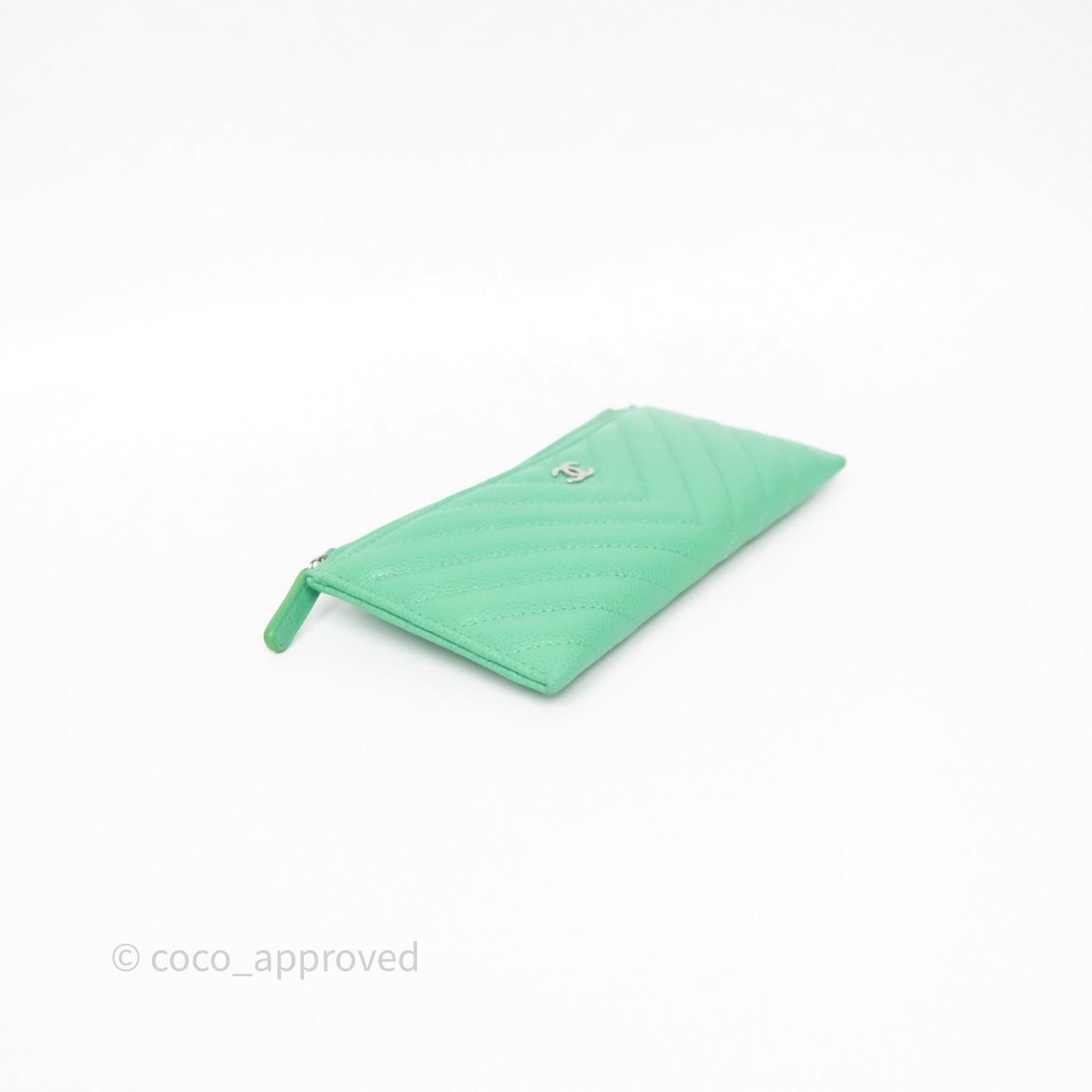Chanel Long Zip Chevron Green Wallet Silver Hardware