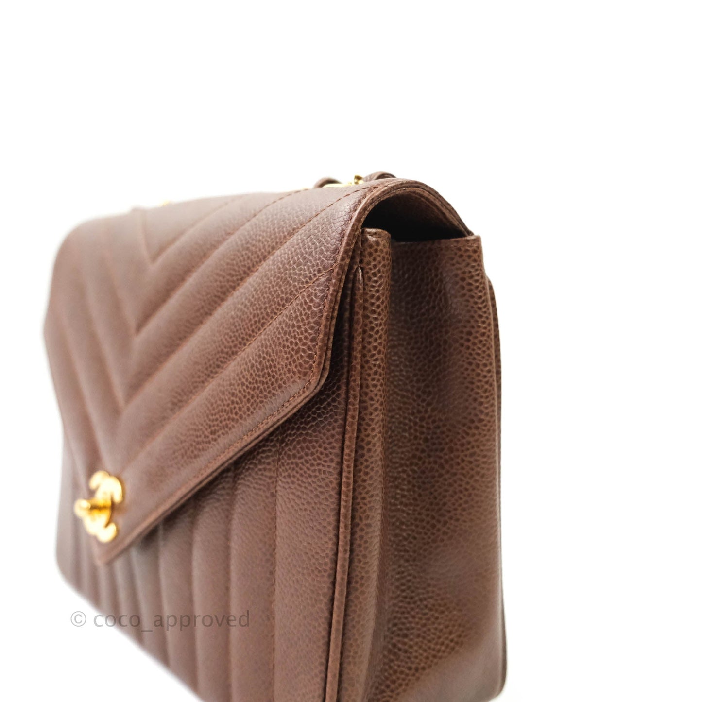 Chanel Vintage Caviar Chevron Flap Bag 24K Brown Gold Hardware