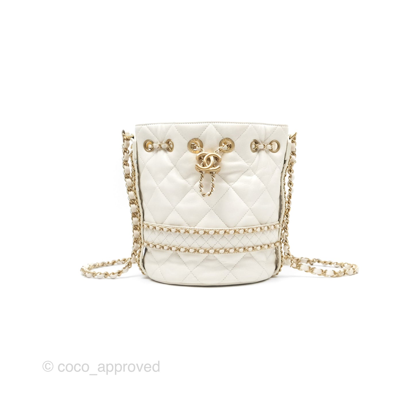 Chanel Quilted Drawstring Bucket Bag Ivory Lambskin Aged Gold Hardware