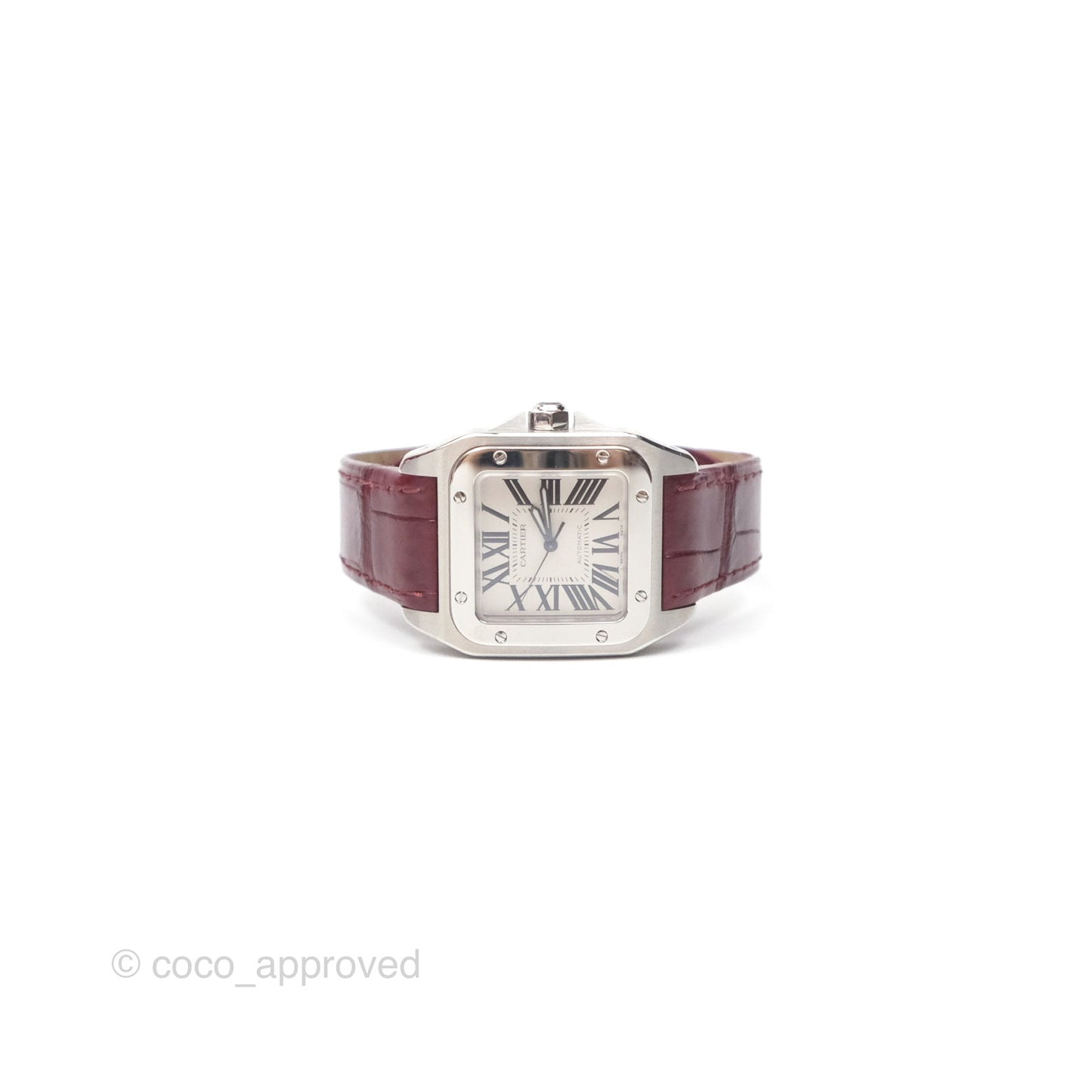 Cartier Santos-Dumont Automatic Steel Watch Burgundy Alligator-skin Strap