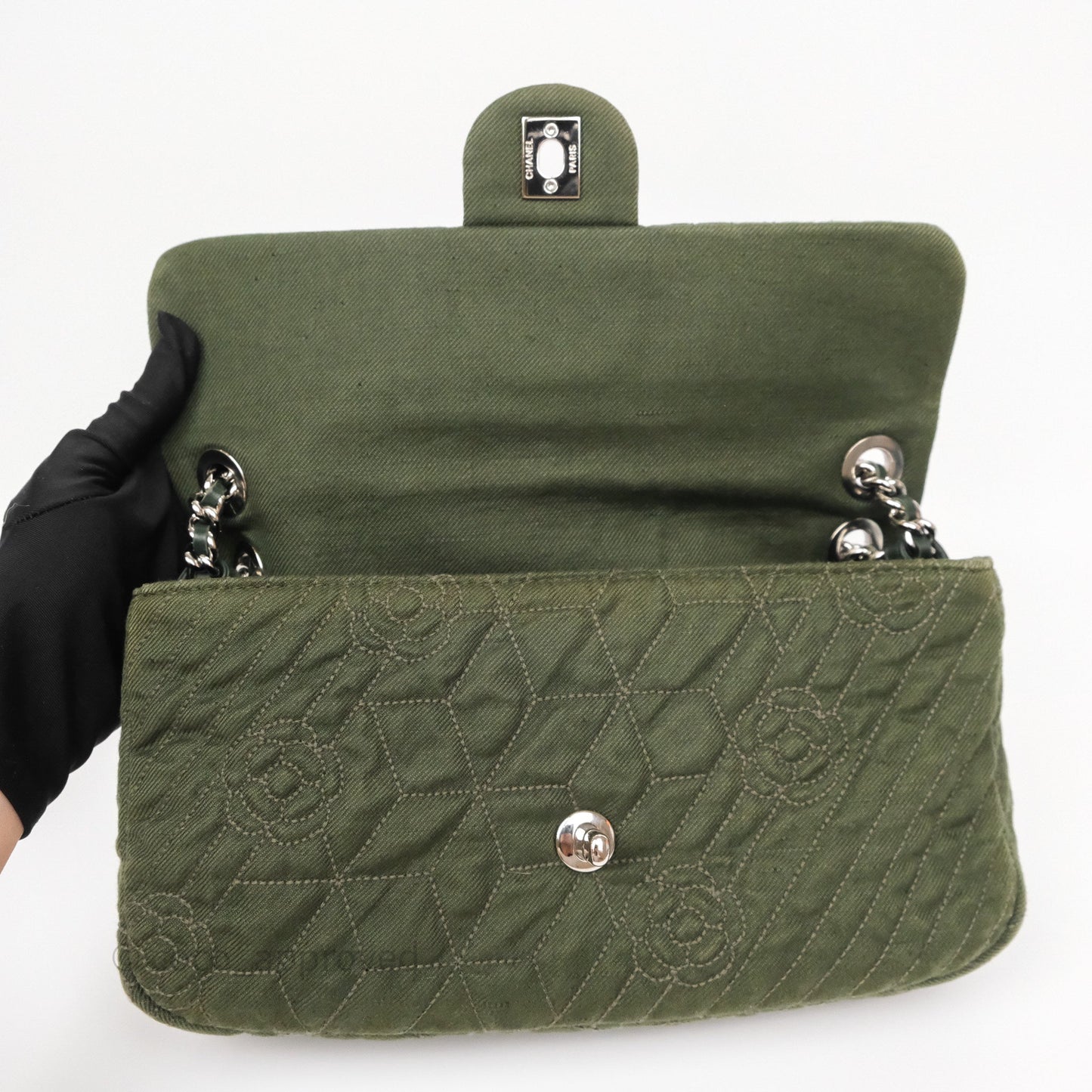 Chanel Camellia Flap Bag Army Green Denim Silver Hardware