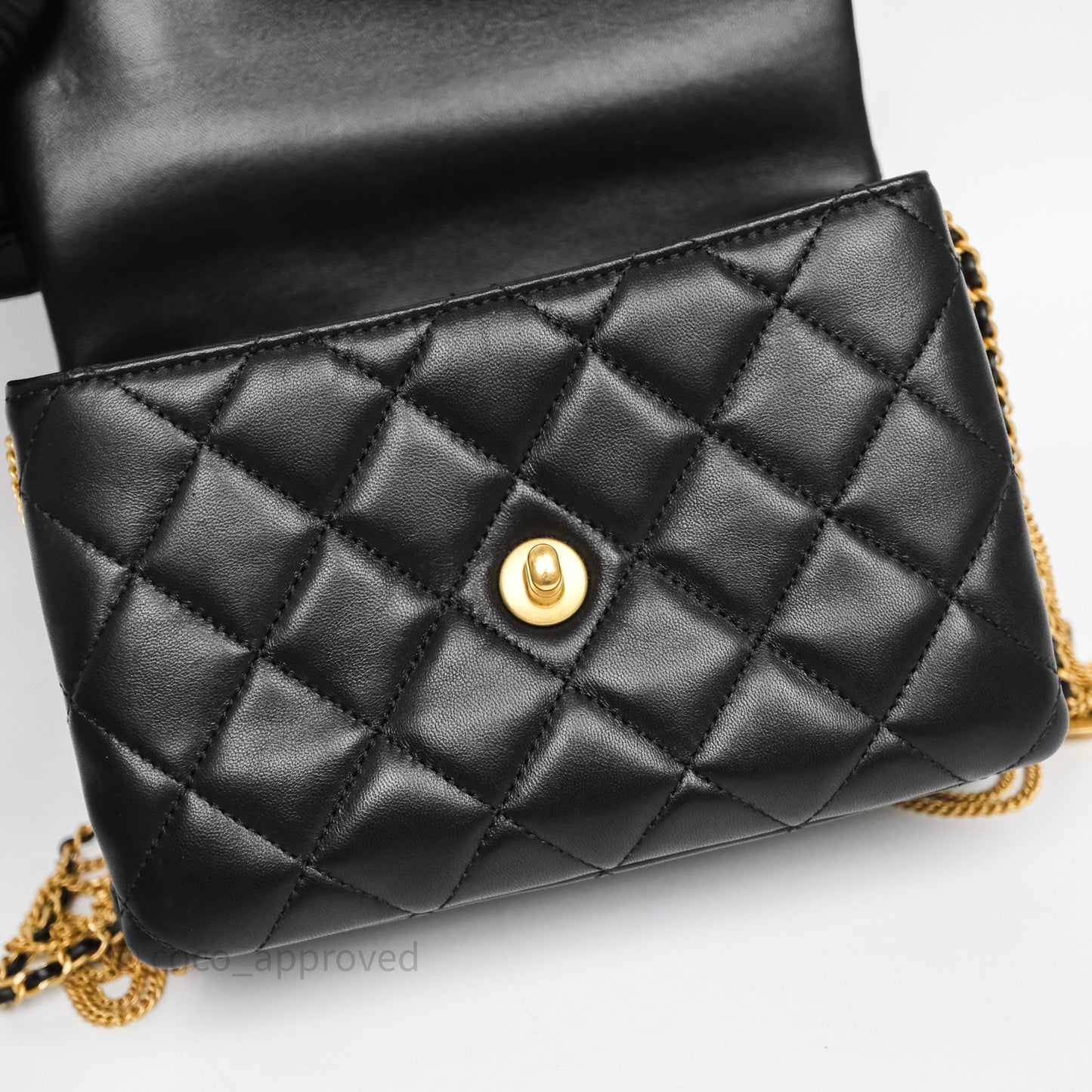 Chanel Quilted Accordion Flap Bag with Button on Chain Black Lambskin Aged Gold Hardware 22A