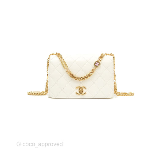 Chanel Mini Flap Bag with Enamel Charm Chain White Lambskin Gold Hardware
