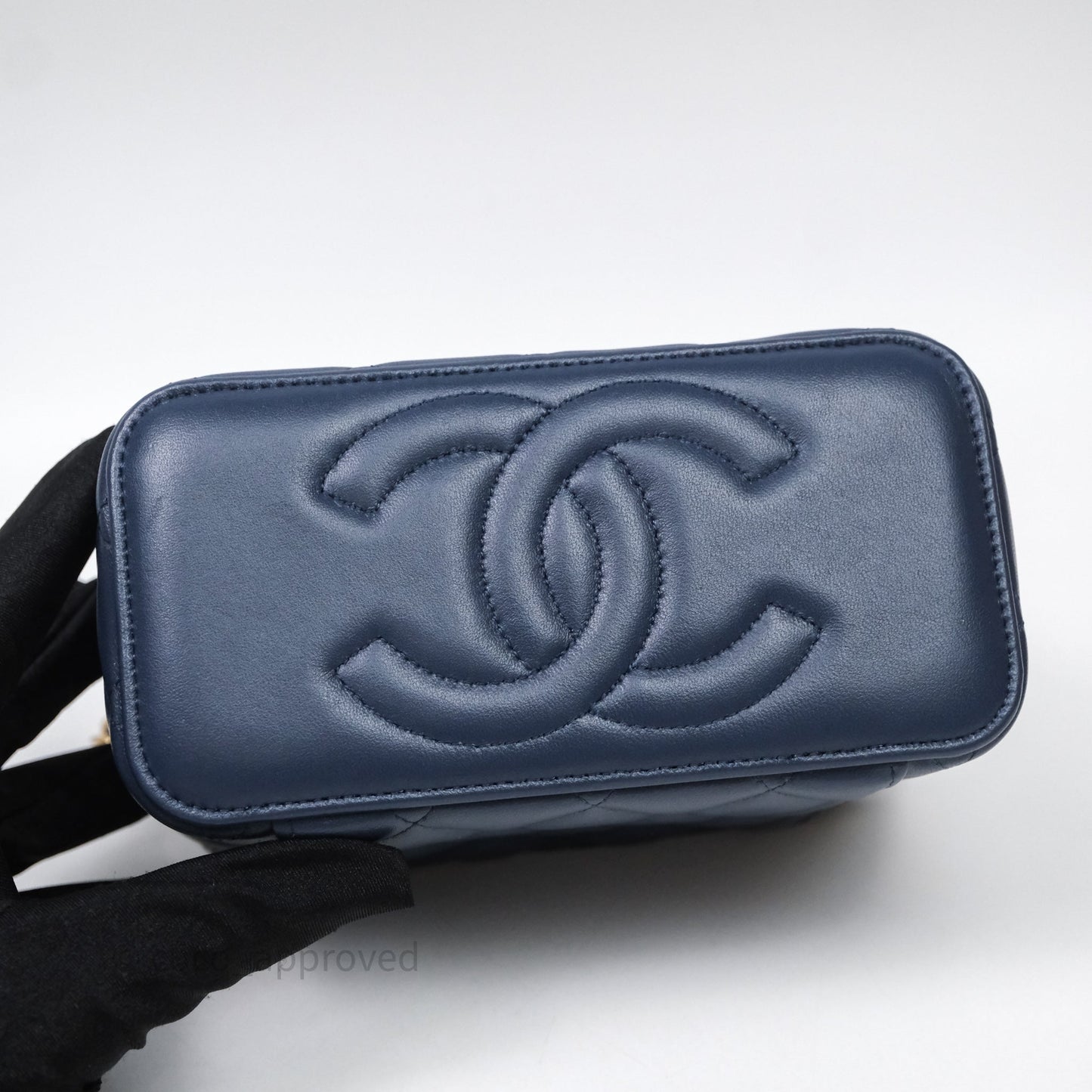 Chanel Vanity Rectangular Metal Top Handle Navy Lambskin Aged Gold Hardware
