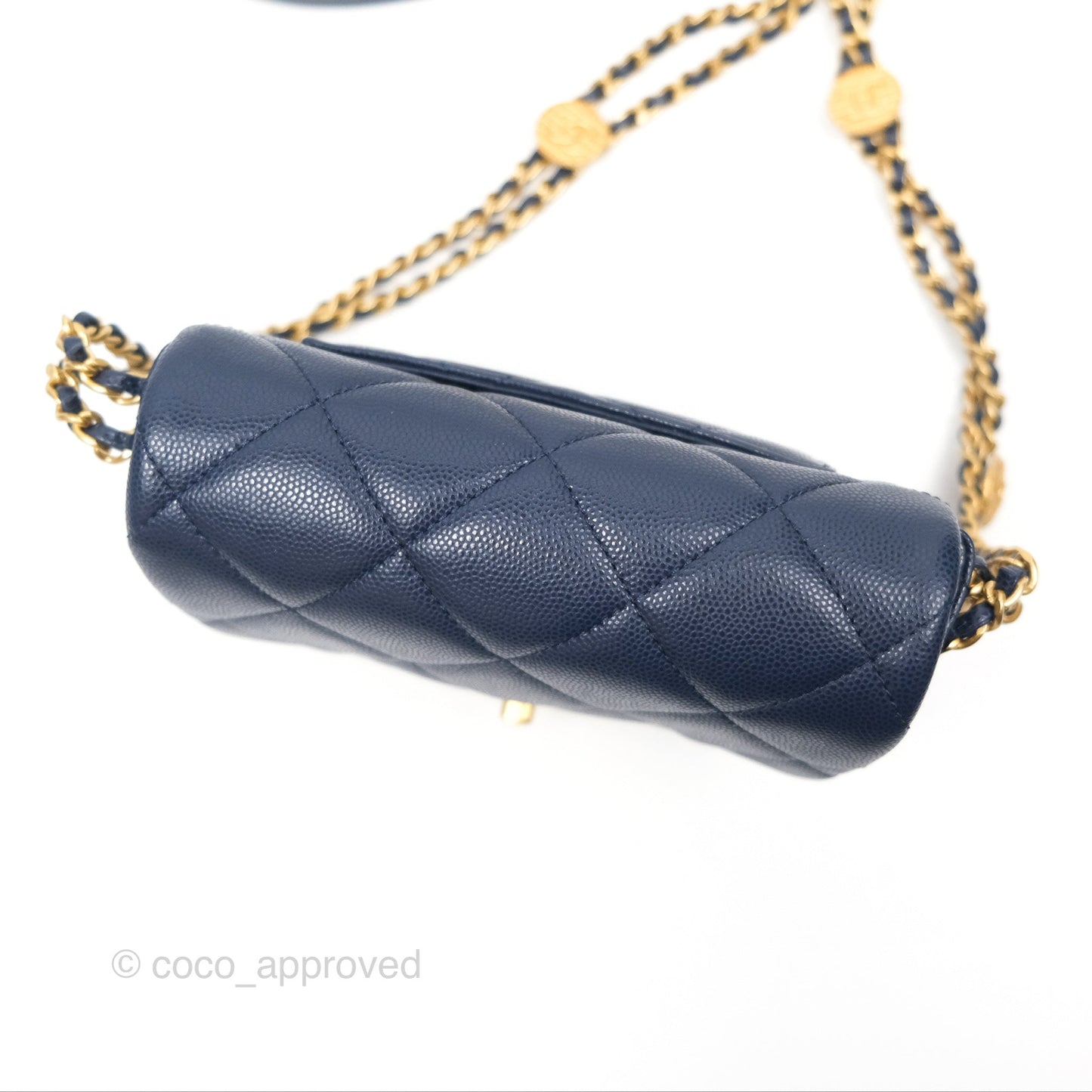 Chanel Mini Flap with Coin Charm Navy Caviar Aged Gold Hardware 22A