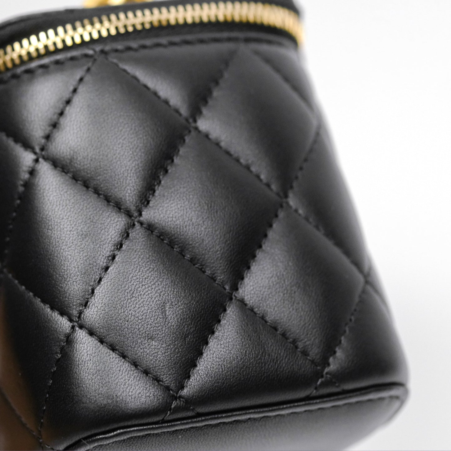 Chanel Quilted Vanity Rectangular with Camellia Adjustable Chain Black Lambskin 23S