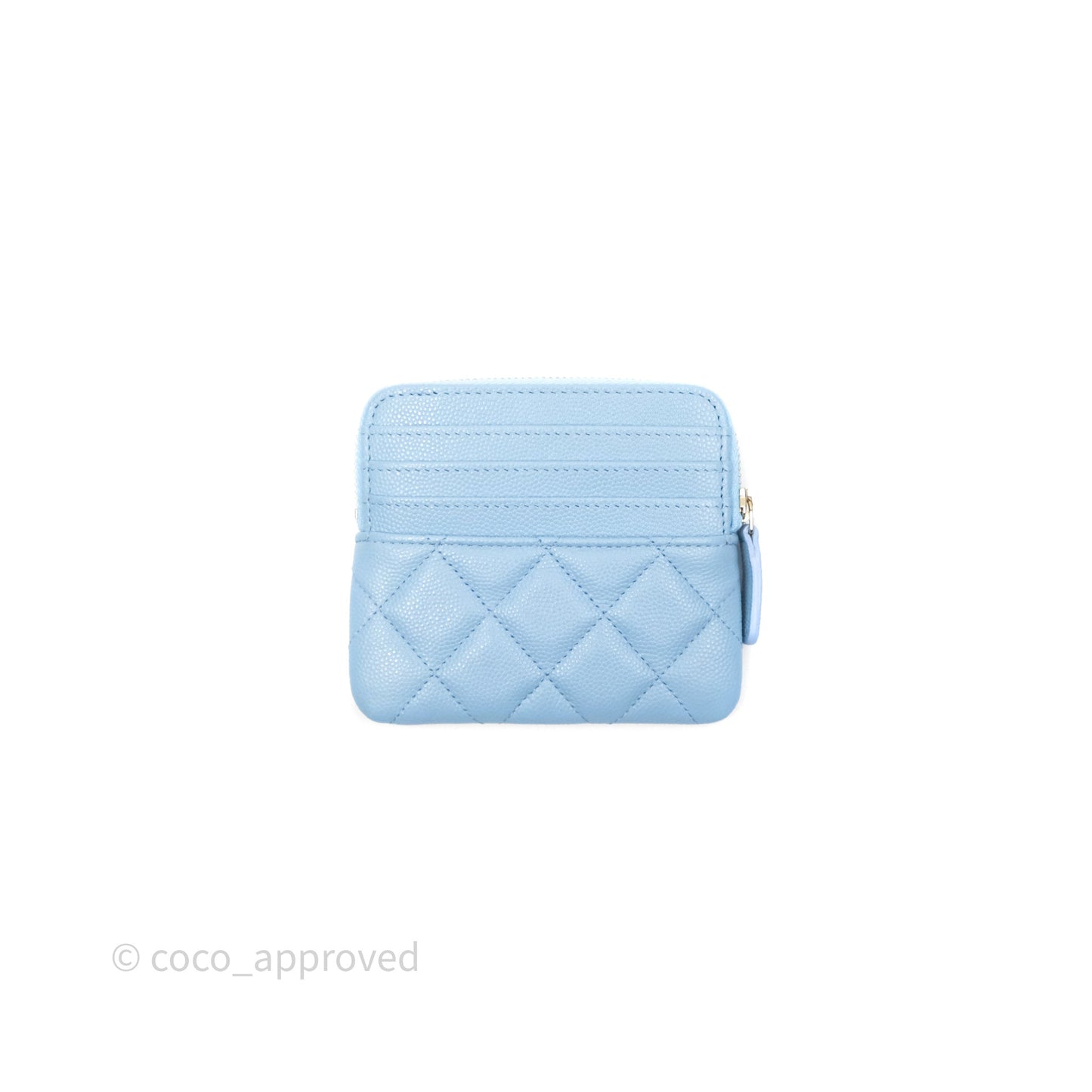 Chanel Quilted Crystal CC Zip Card Holder Wallet Light Blue Caviar Gold Hardware