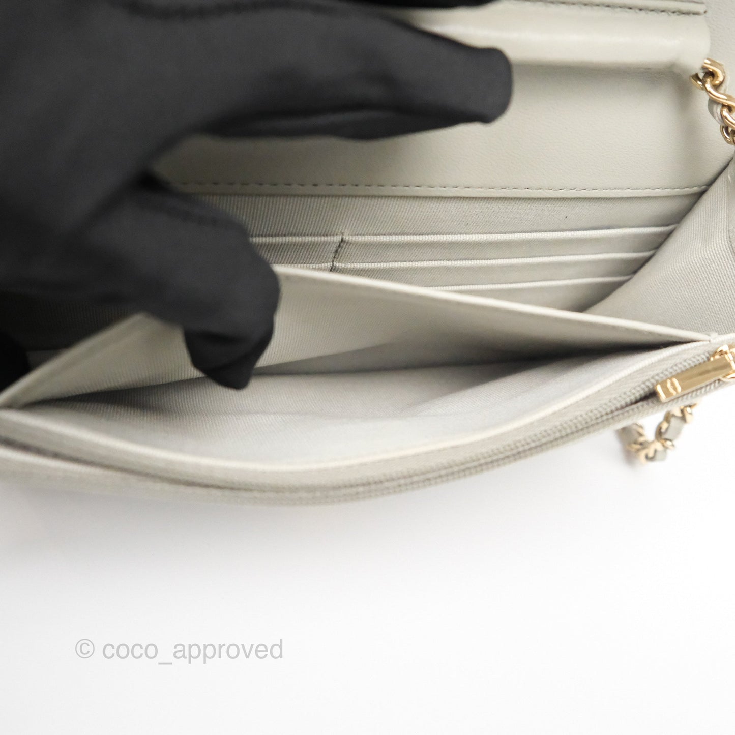 Chanel Classic Quilted Wallet on Chain WOC Light Grey Lambskin Gold Hardware