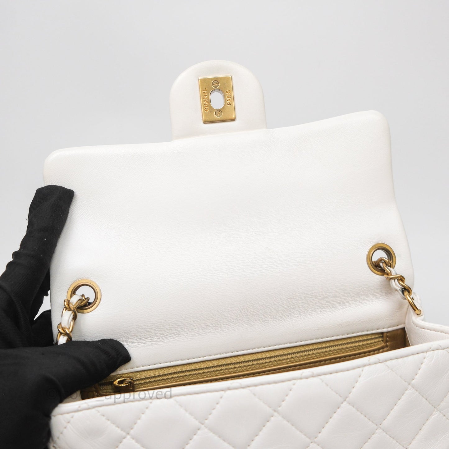 Chanel Mini Rectangular Pearl Crush Quilted White Lambskin Aged Gold Hardware