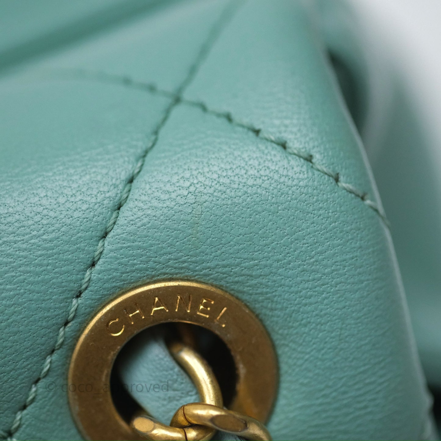 Chanel Quilted Small Circular Handle Bag Mint Green Aged Gold Hardware