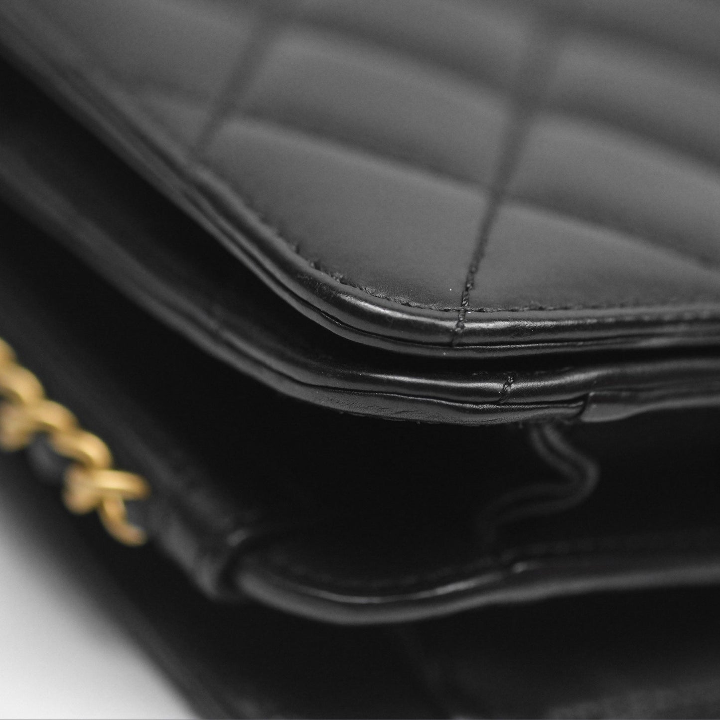 Chanel Quilted Side Chain Flap Bag Black Calfskin Aged Gold Hardware