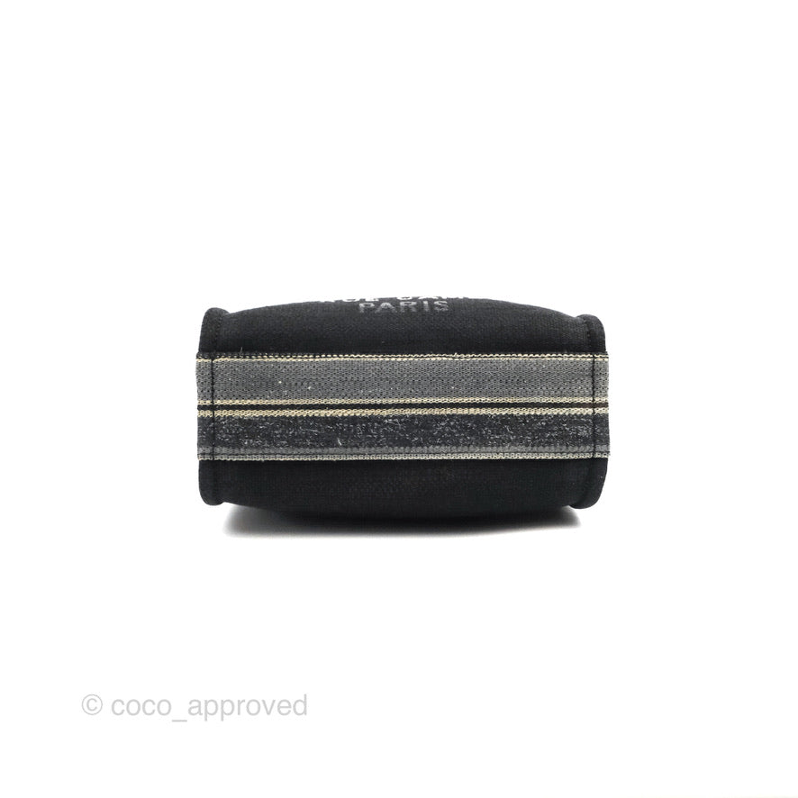 Chanel Mini Deauville Tote Black Stripe Canvas Silver Hardware