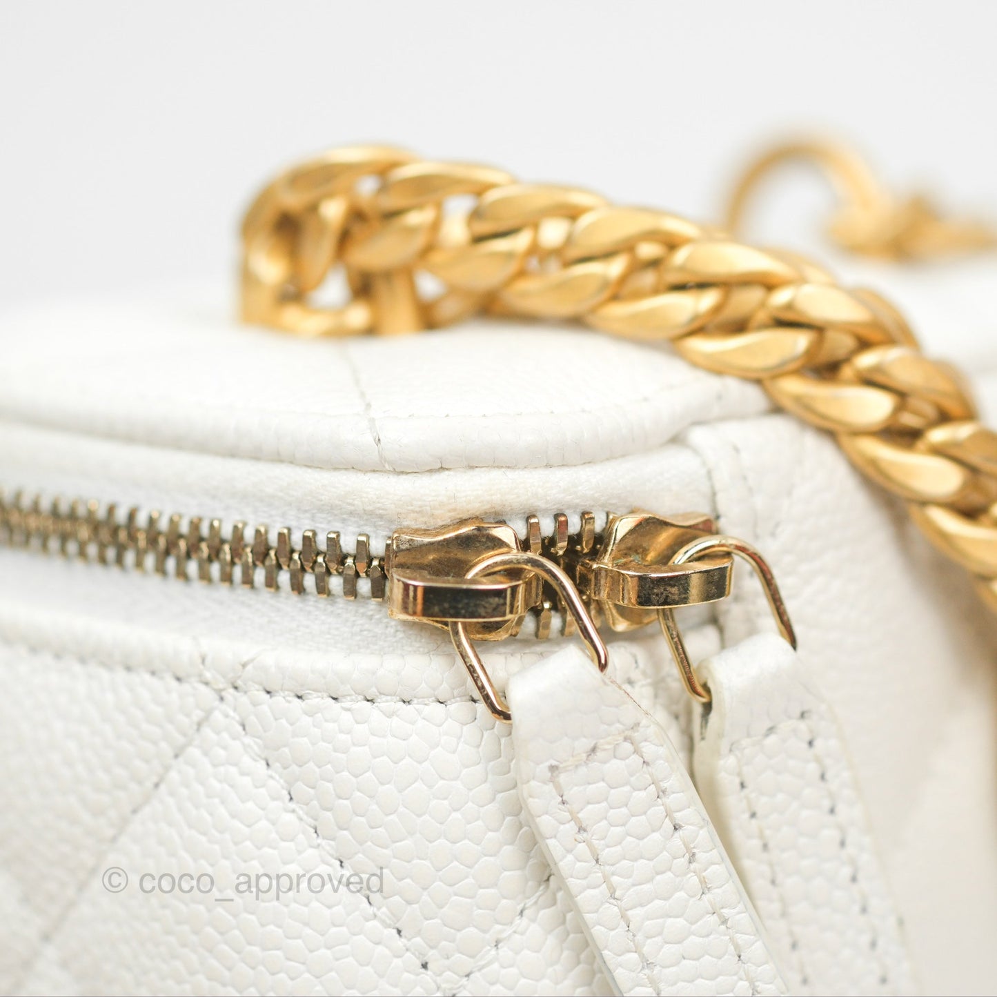 Chanel Quilted Heart Crush Mini Vanity With Chain White Caviar Aged Gold Hardware