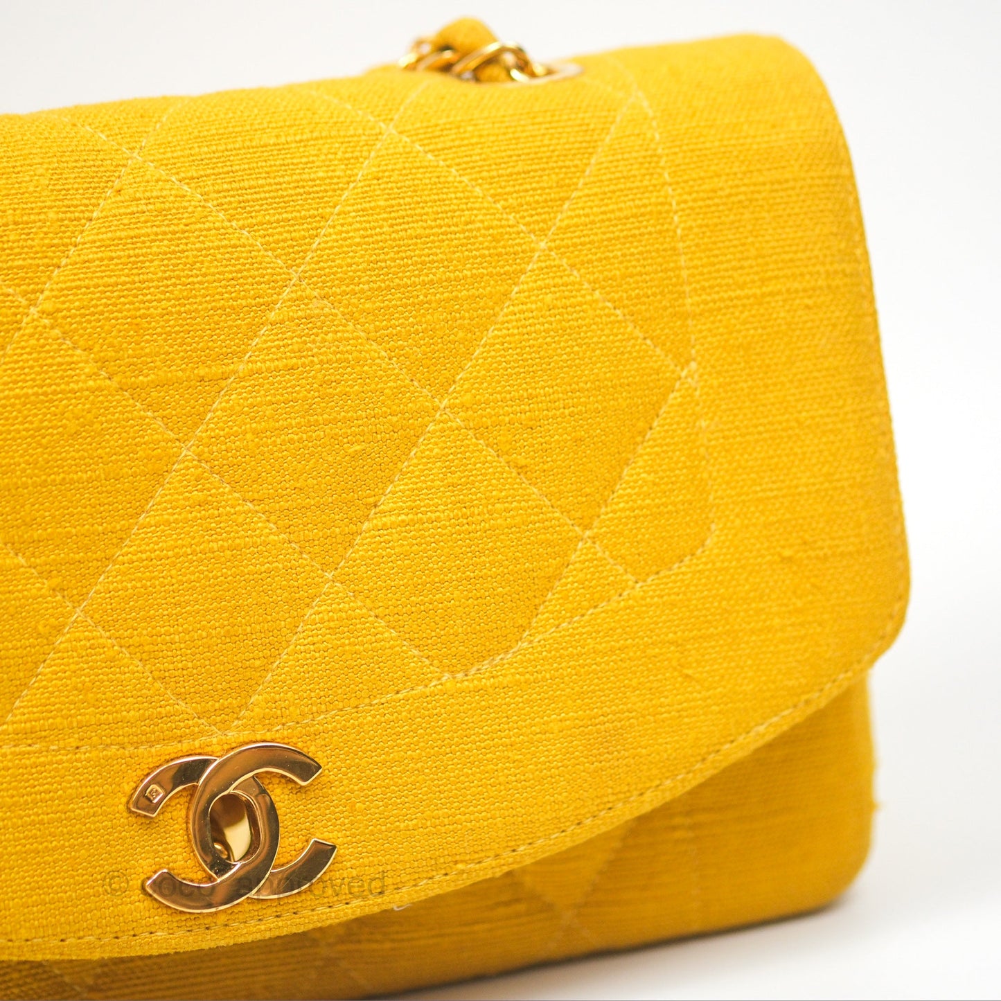 Chanel Vintage Small Classic Diana Flap Bag Yellow Linen Fabric 24K Gold Hardware